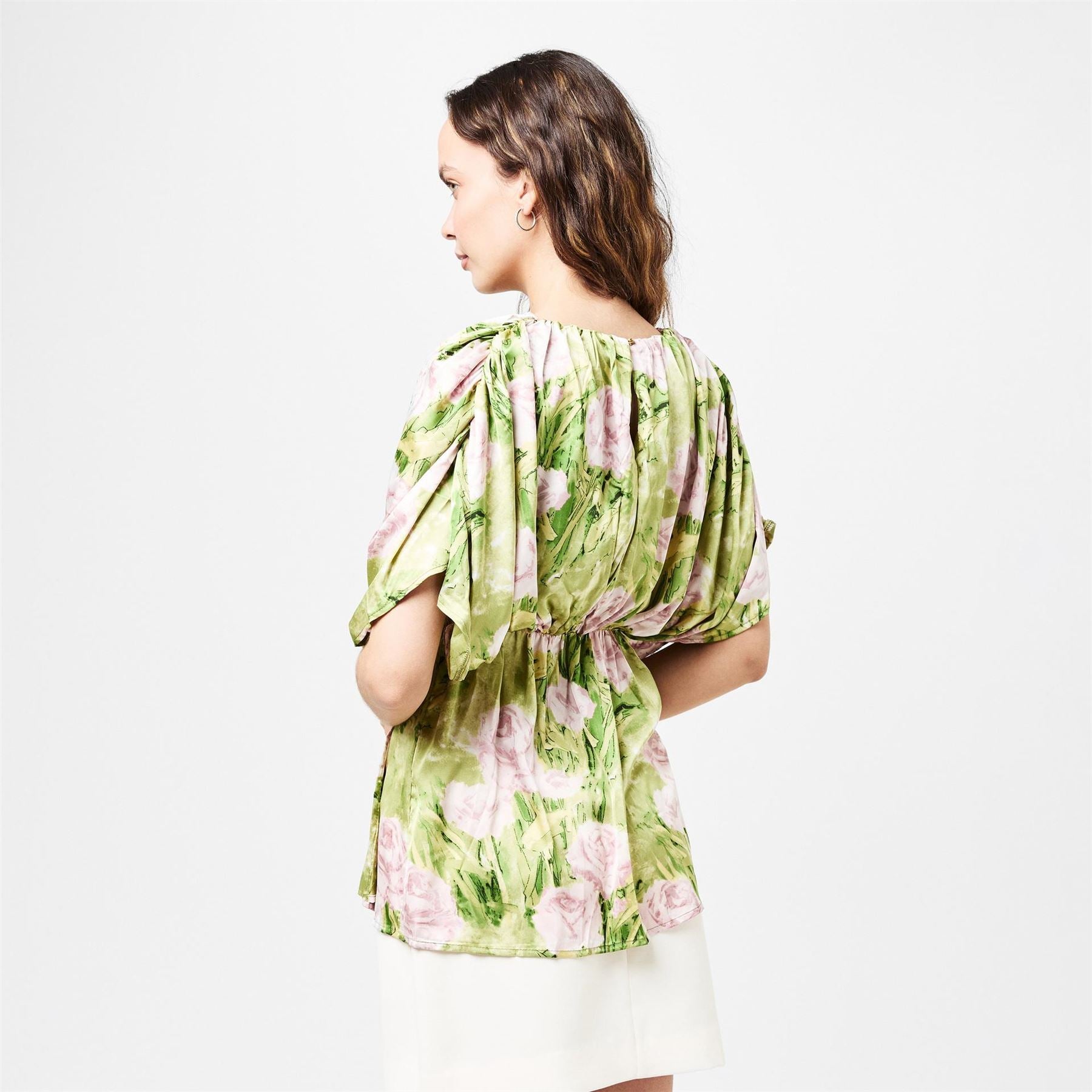 AX Paris Floral Satin Ruched Shoulder Batwing Top