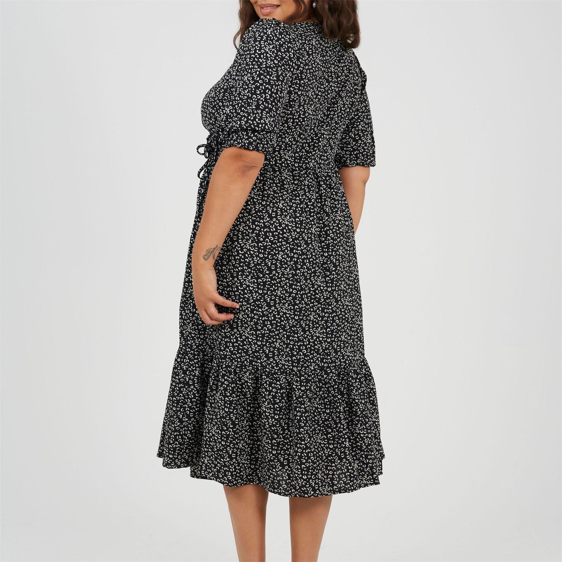 Brave Soul Plus Size Wrap Front Midi Dress With Puff Sleeves