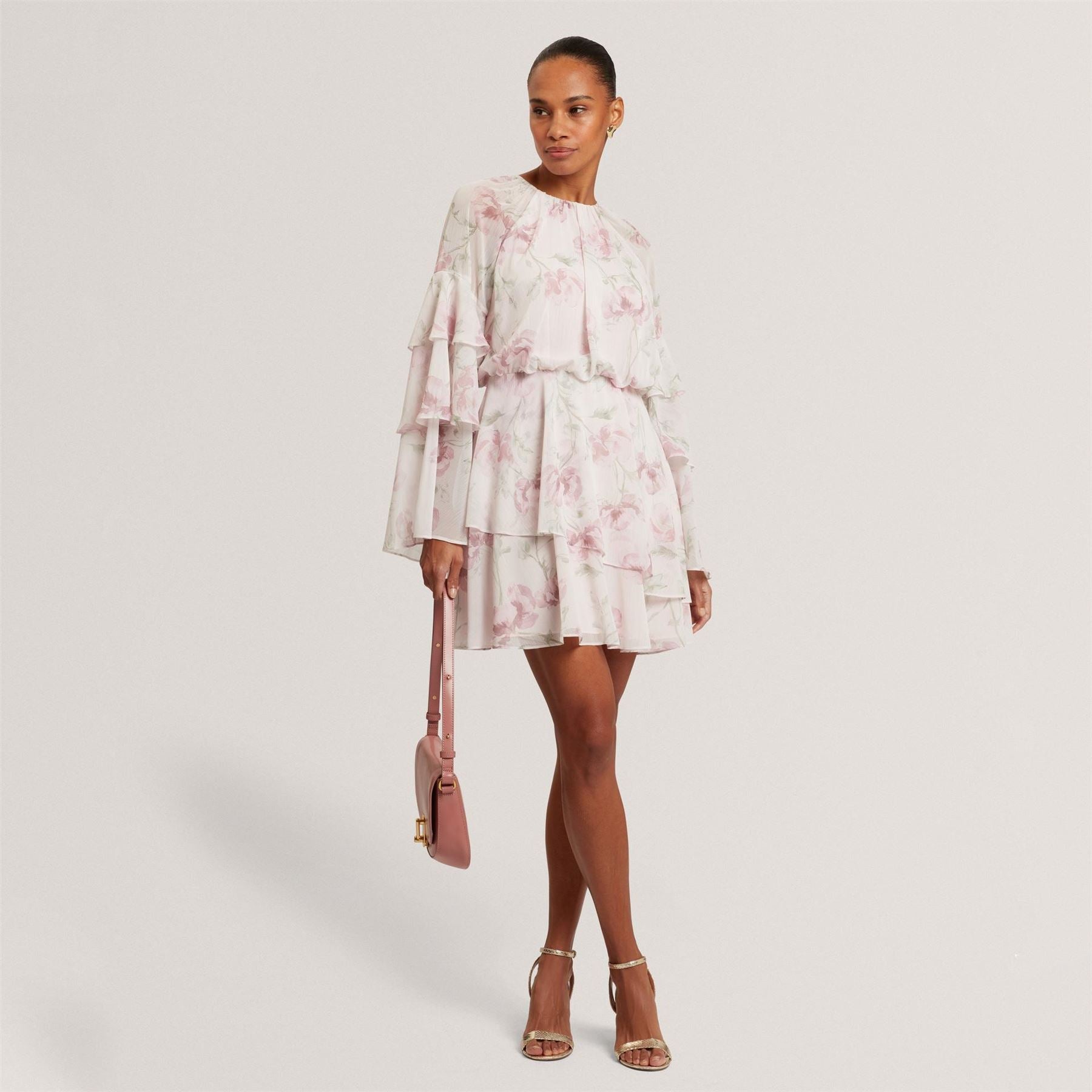 Ted Baker Baker Rose Print Frilled Long Sleeve Mini Dress
