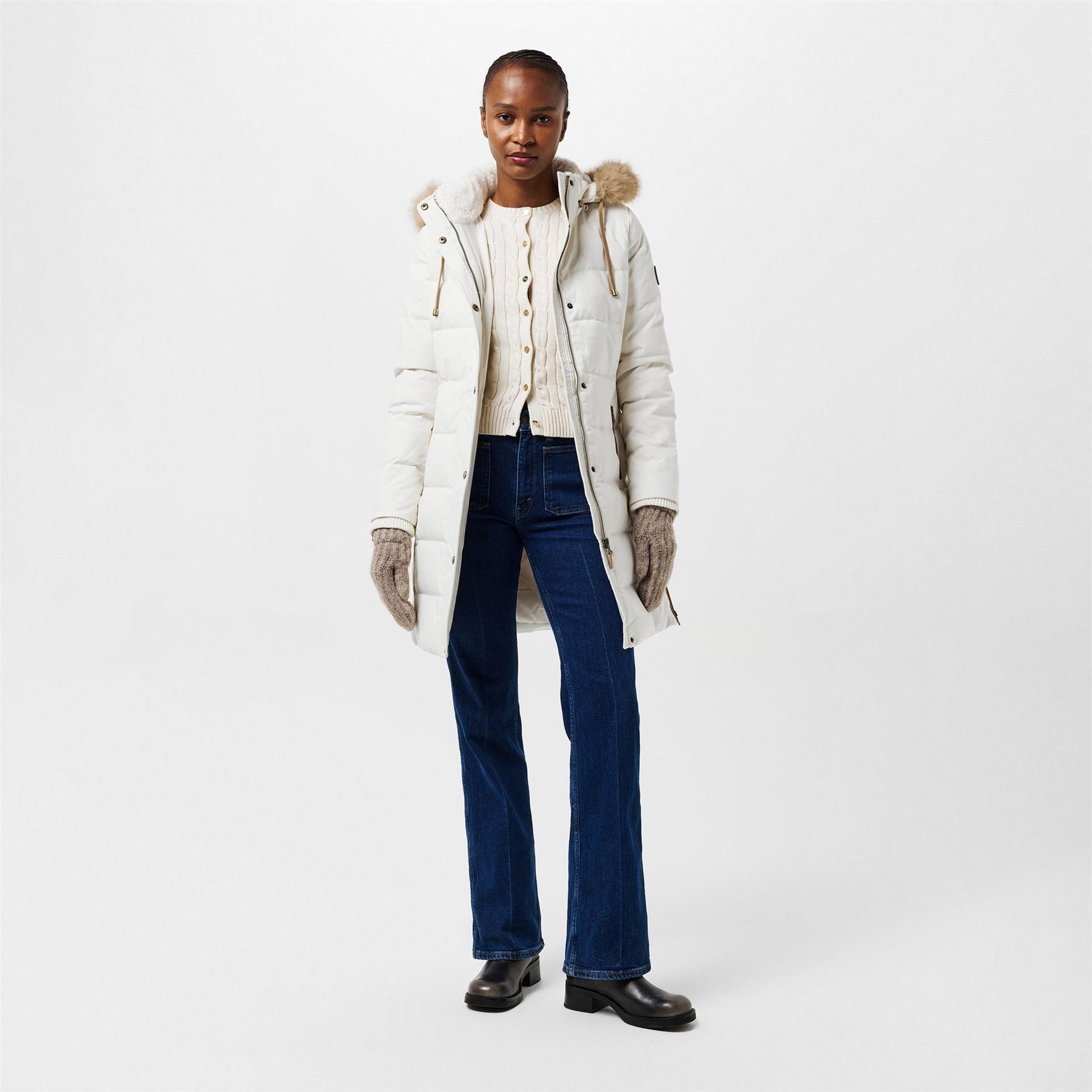 Lauren by Ralph Lauren Real Leather Fur Hood Medium Puffer Jacket