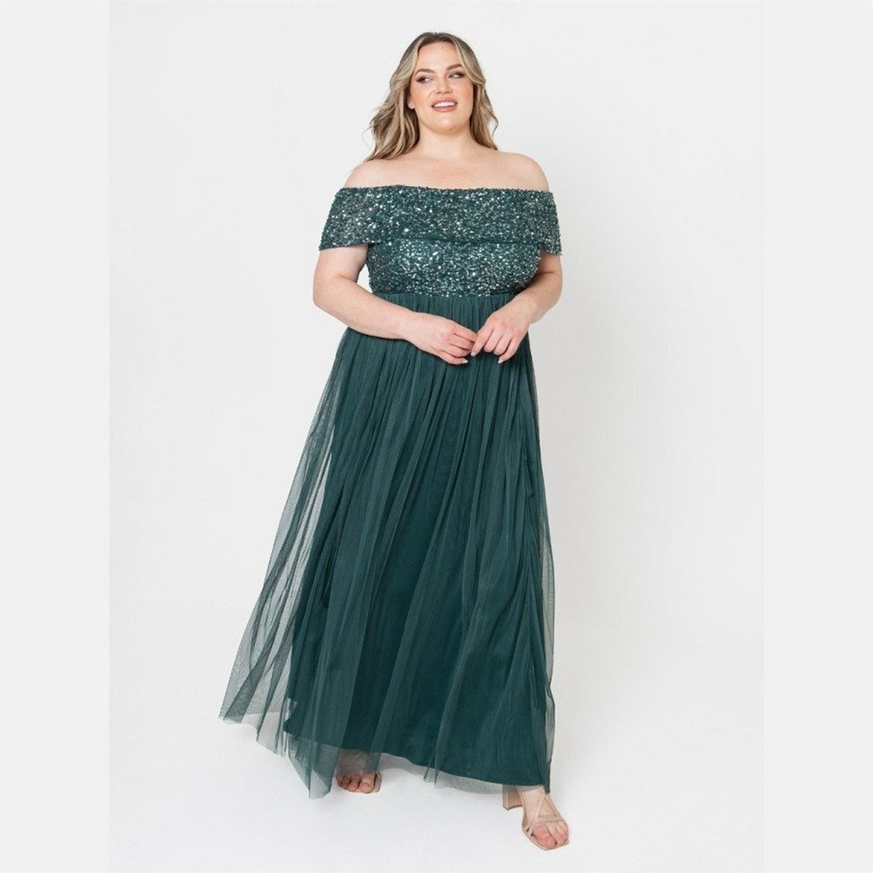 Maya Deluxe Emerald Green Bridesmaid Bardot Embellished Maxi Dress