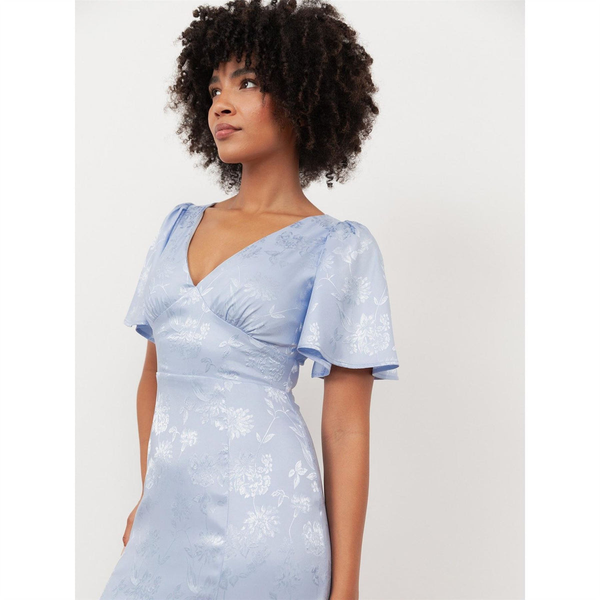 Maya Deluxe Pastel Blue Floral Jacquard Satin Maxi Dress
