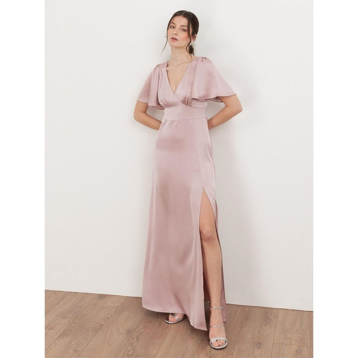 Maya Deluxe Angel Sleeve Satin Bridesmaid Maxi Dress With Split
