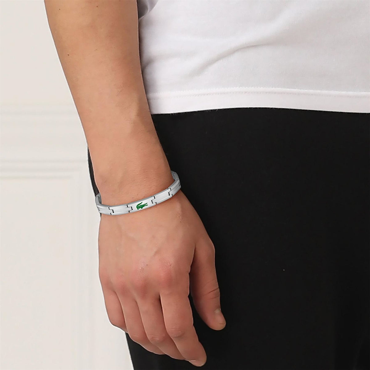 Lacoste Mens Stencil Gold Ip And Green Enamel Crocodile Bracelet