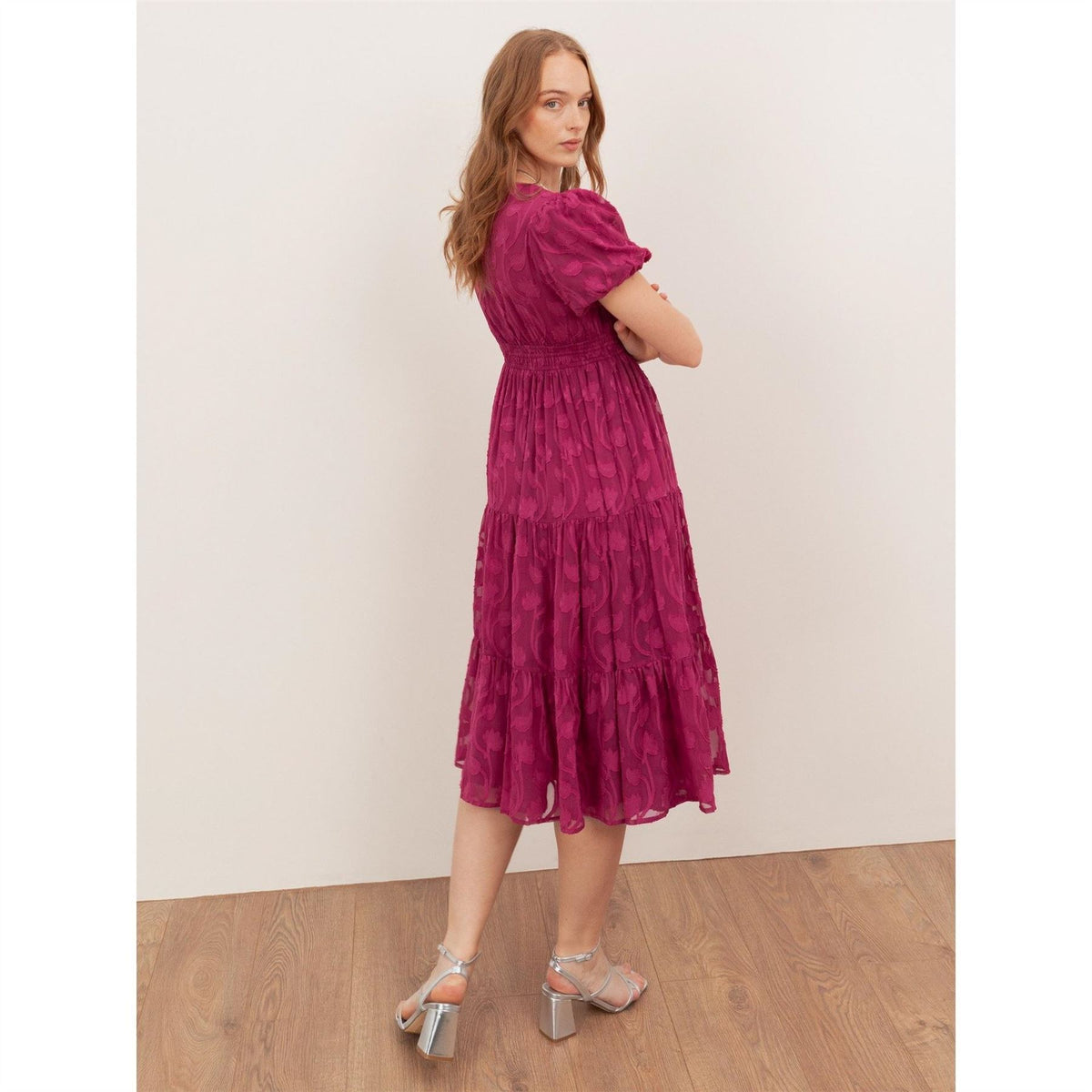 Lovedrobe Fuchsia Short Sleeve Floral Burnout Midi Dress