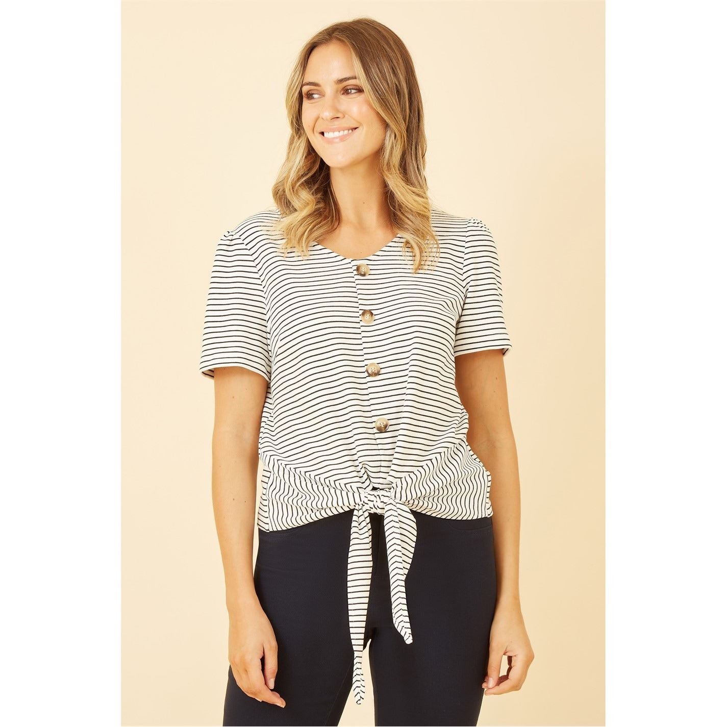 Yumi Striped Jersey Button Detail Top