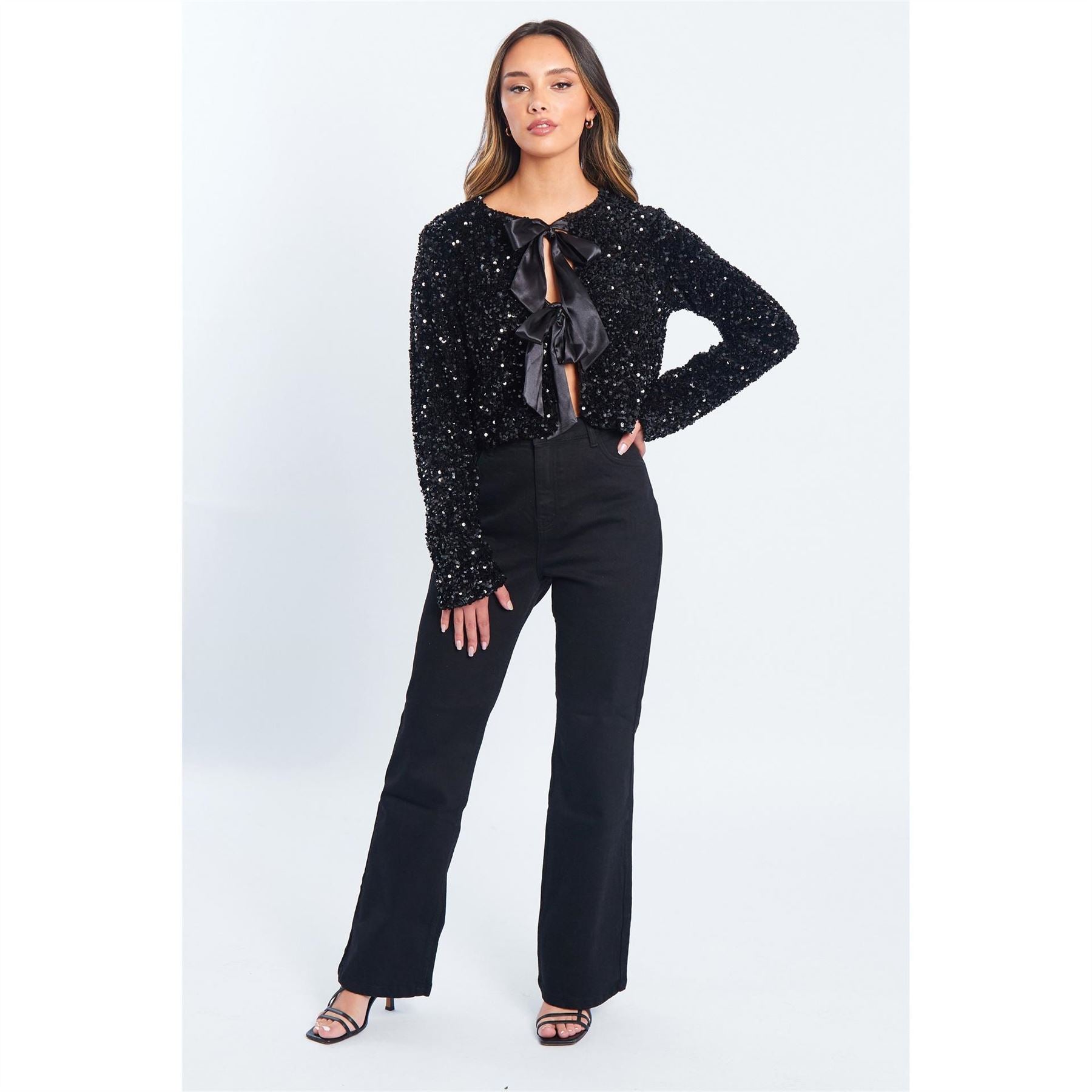 Be You Sequin Bow Crew Neck Long Sleeve Top