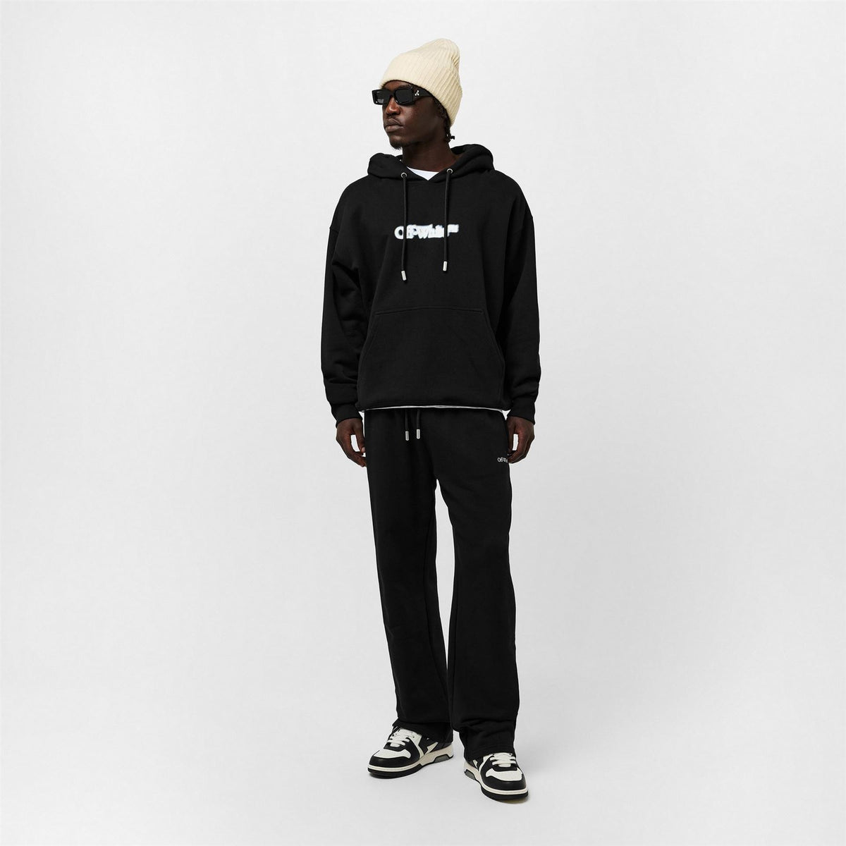 Off White Lettering Hooded Neck Drop Shoulder Sweatshirt