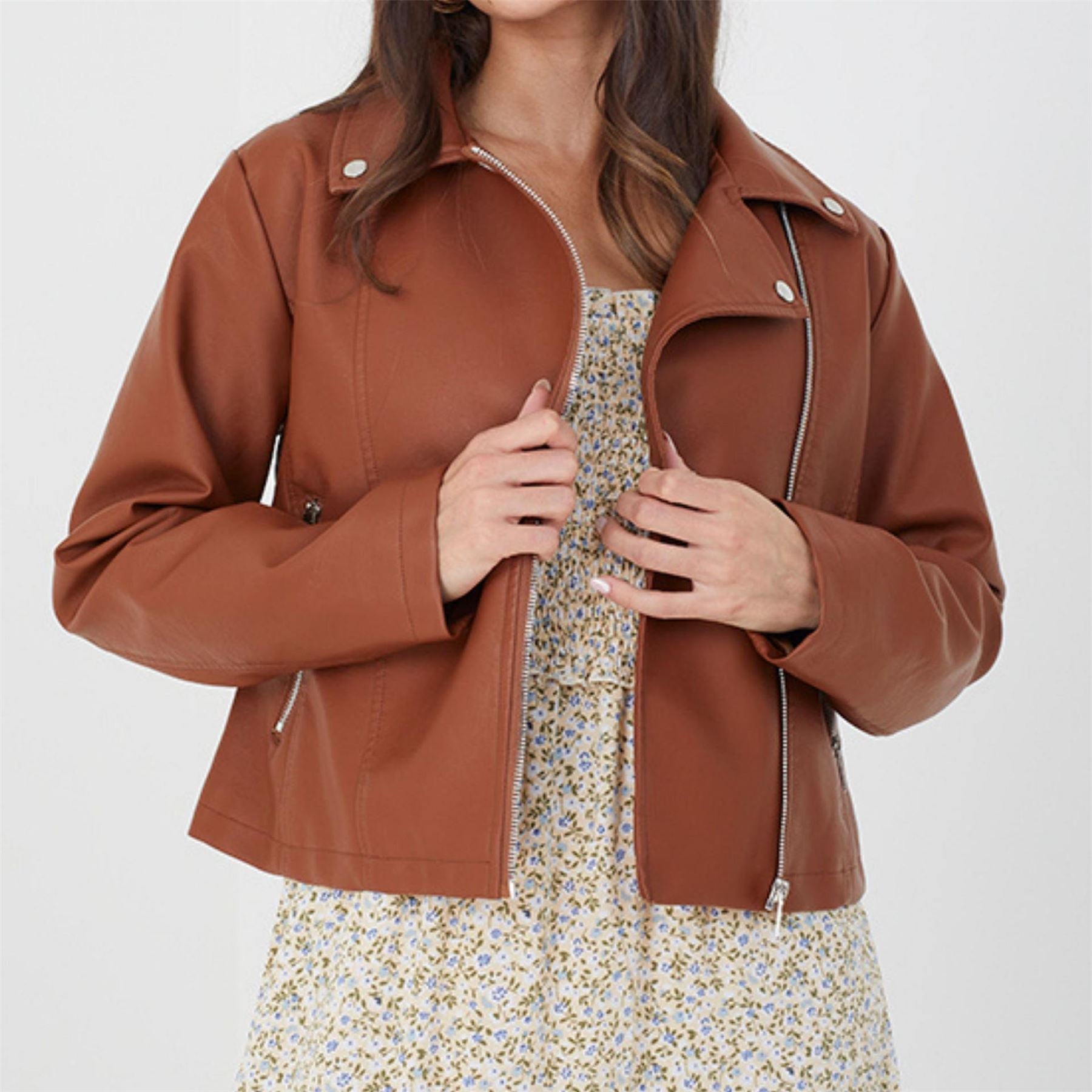 Brave Soul Womens Faux Leather Tan Biker Jacket