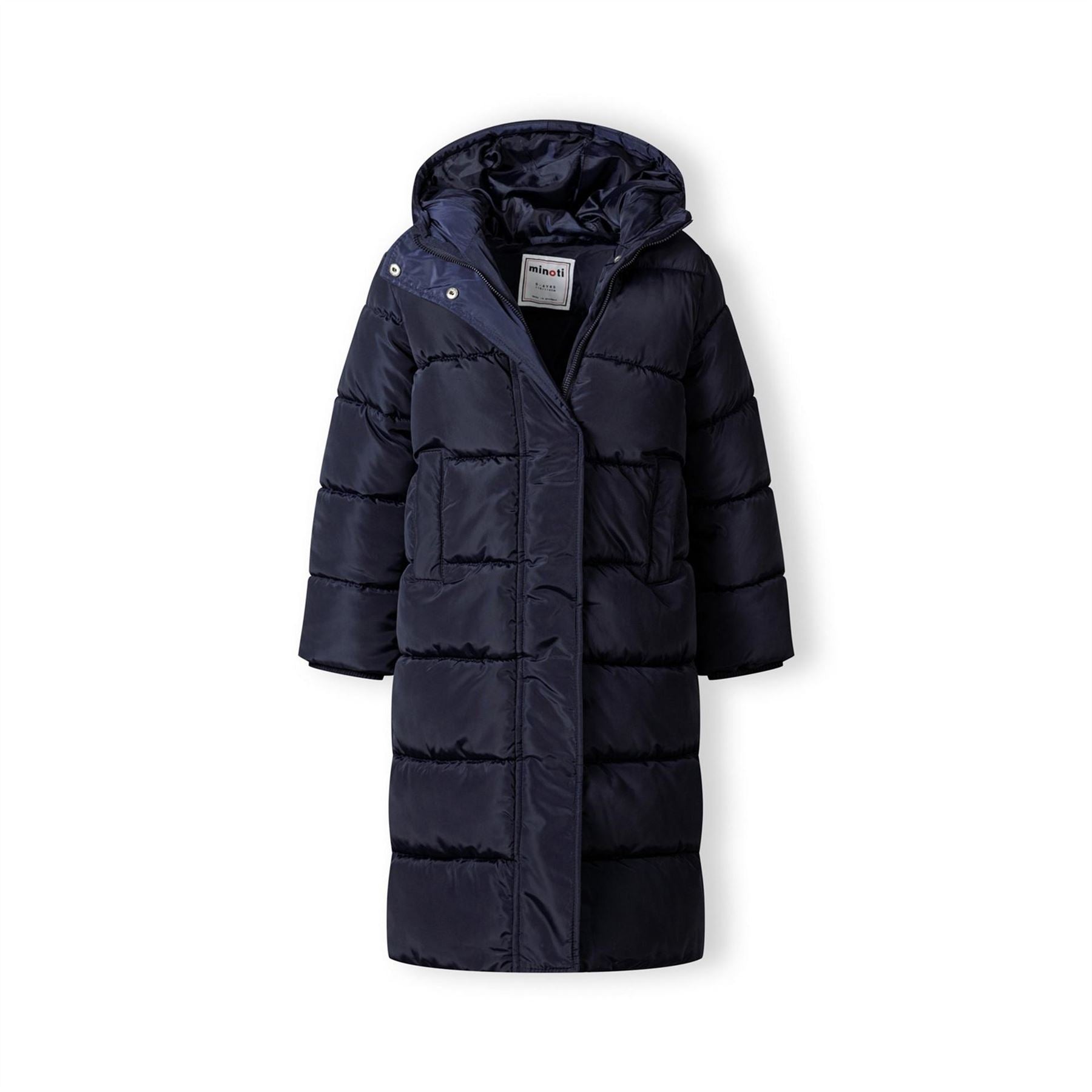 Minoti Girls Long Winter Quilted Coat Fixed Hood Navy