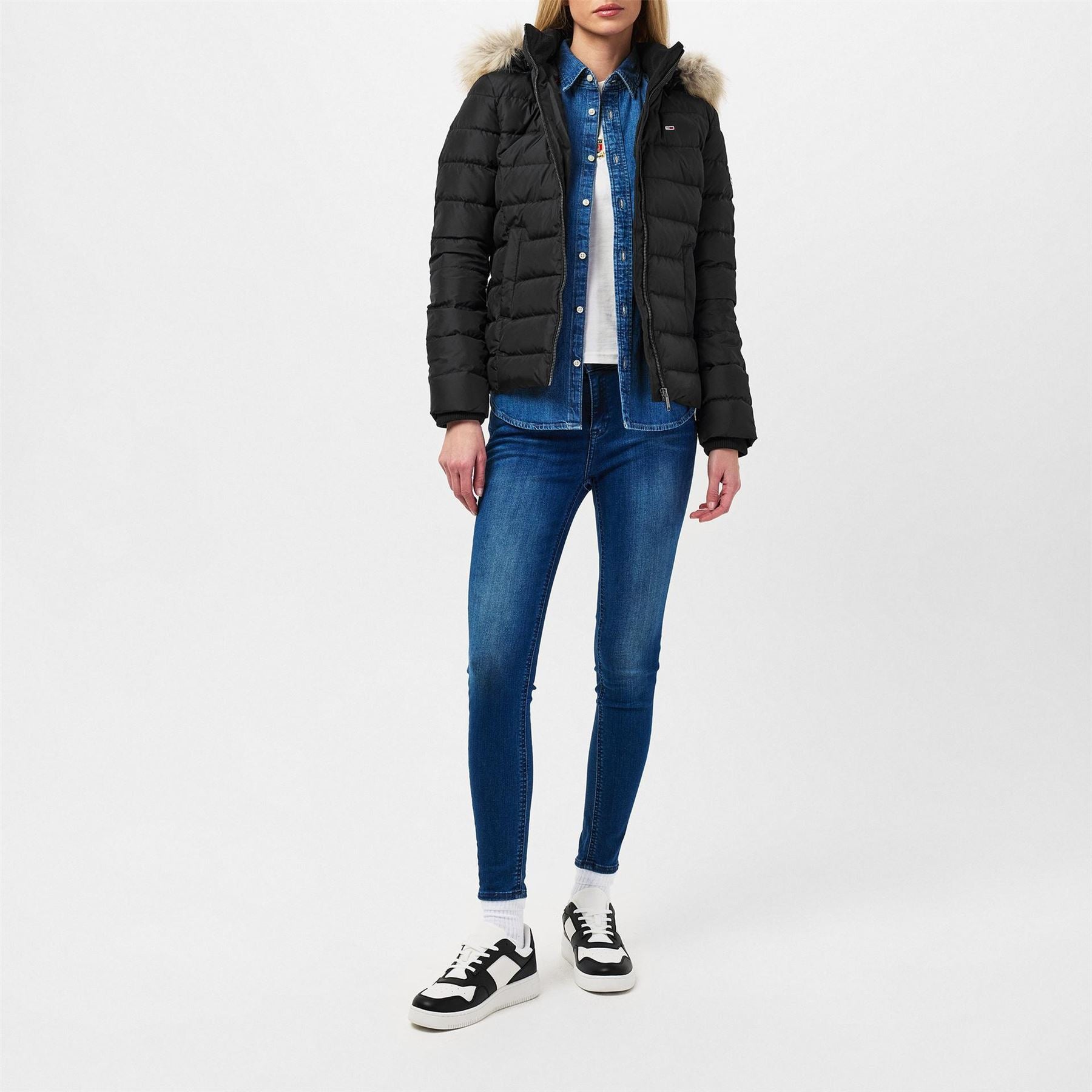 Tommy Jeans Essential Quilted Wind Resistant Faux Fur Hood RDS Down Short Puffer Jacket