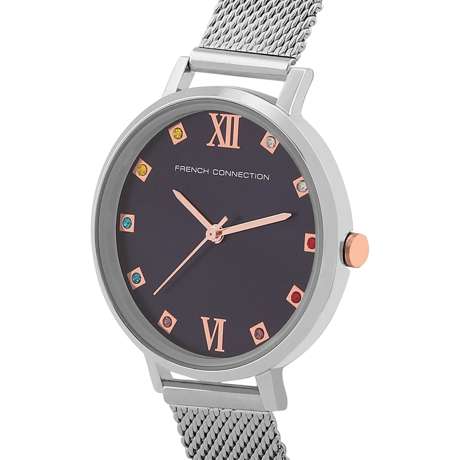 French Connection Womens Connection Grace Blue Round Analog Watch With Steel Mesh Strap For