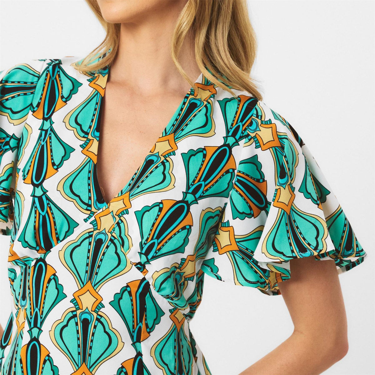 AX Paris Print V Neck Tie Detail Short Sleeve Midi Dress