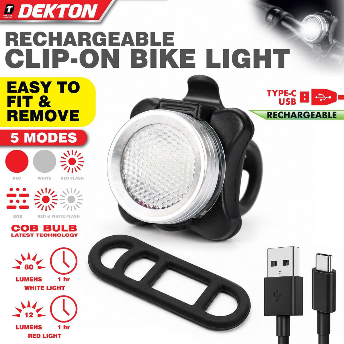 Dekton Rechargeable Clip On Bike Light