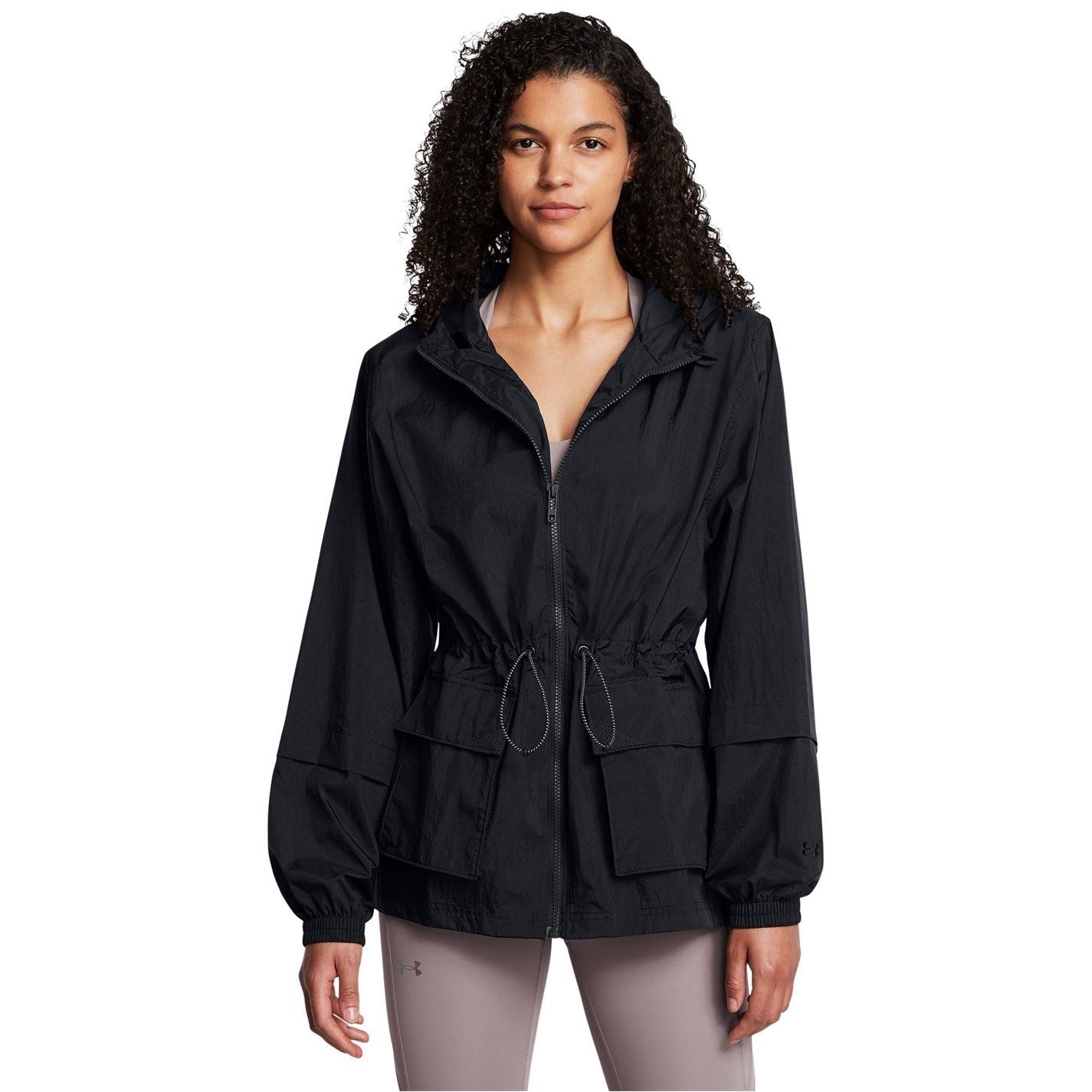 Under Armour Solid Patterned Hooded Drawstring Windbreaker with Flap Pocket