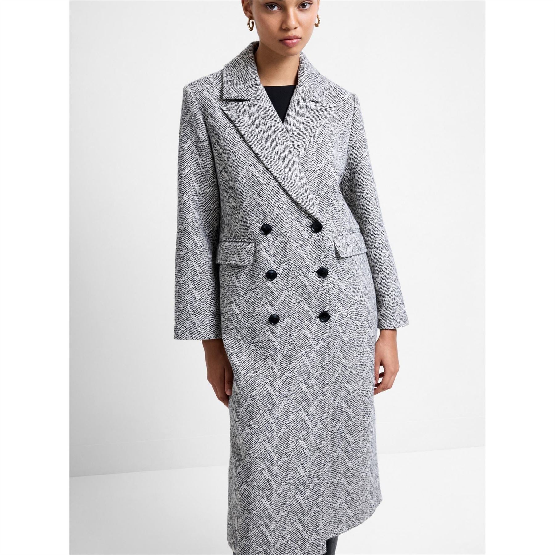 French Connection Lowen Herringbone Patterned Over Coat with Flap Pocket