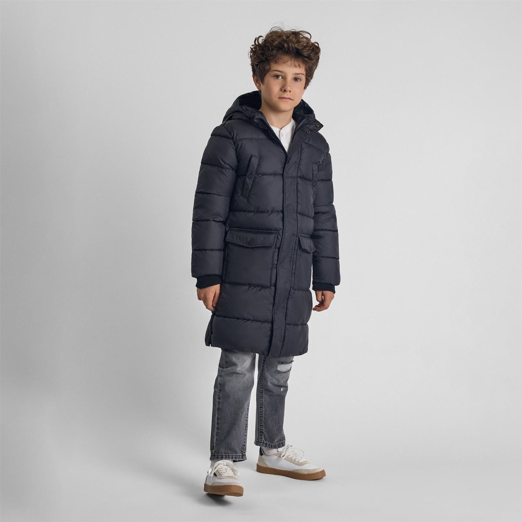Minoti Boys Long Padded Coat With Hood And Snap Details Grey