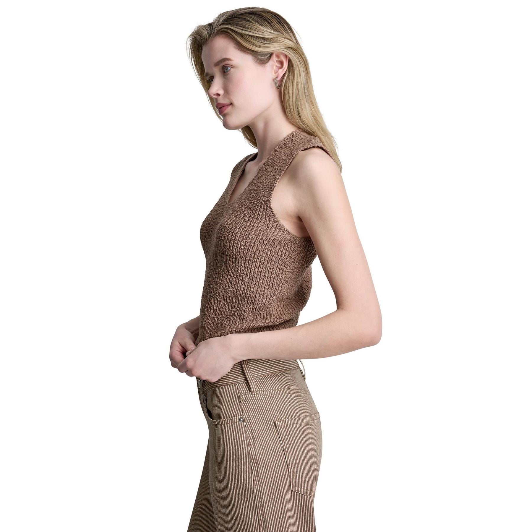 DKNY Sleeveless V Neck Rib Slub Sweater