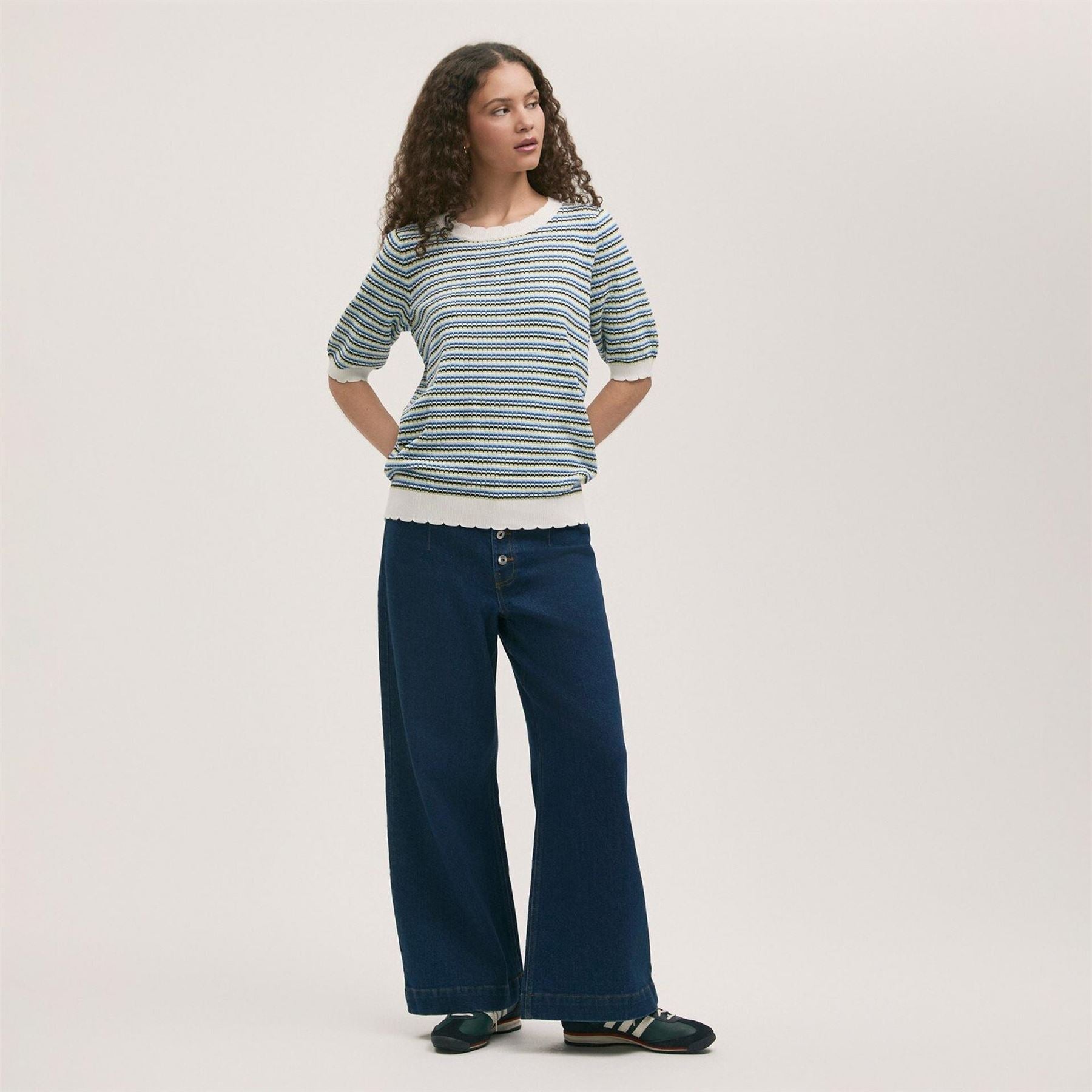 Finery Relaxed Fit Short Sleeve Scallop Ribbed Hem Sweater