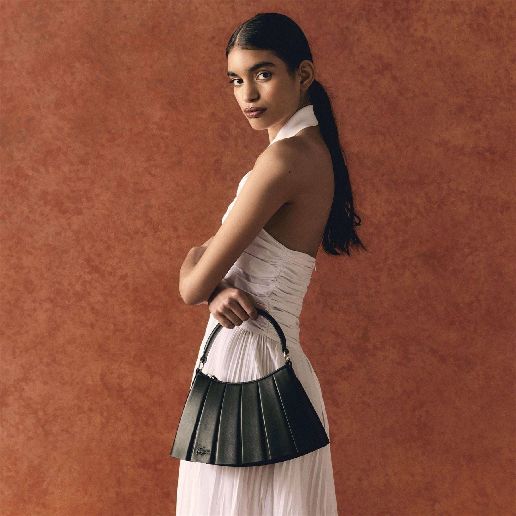 Lacoste Lenglen Crescent Shape Hobo Bag with Silver Hardware