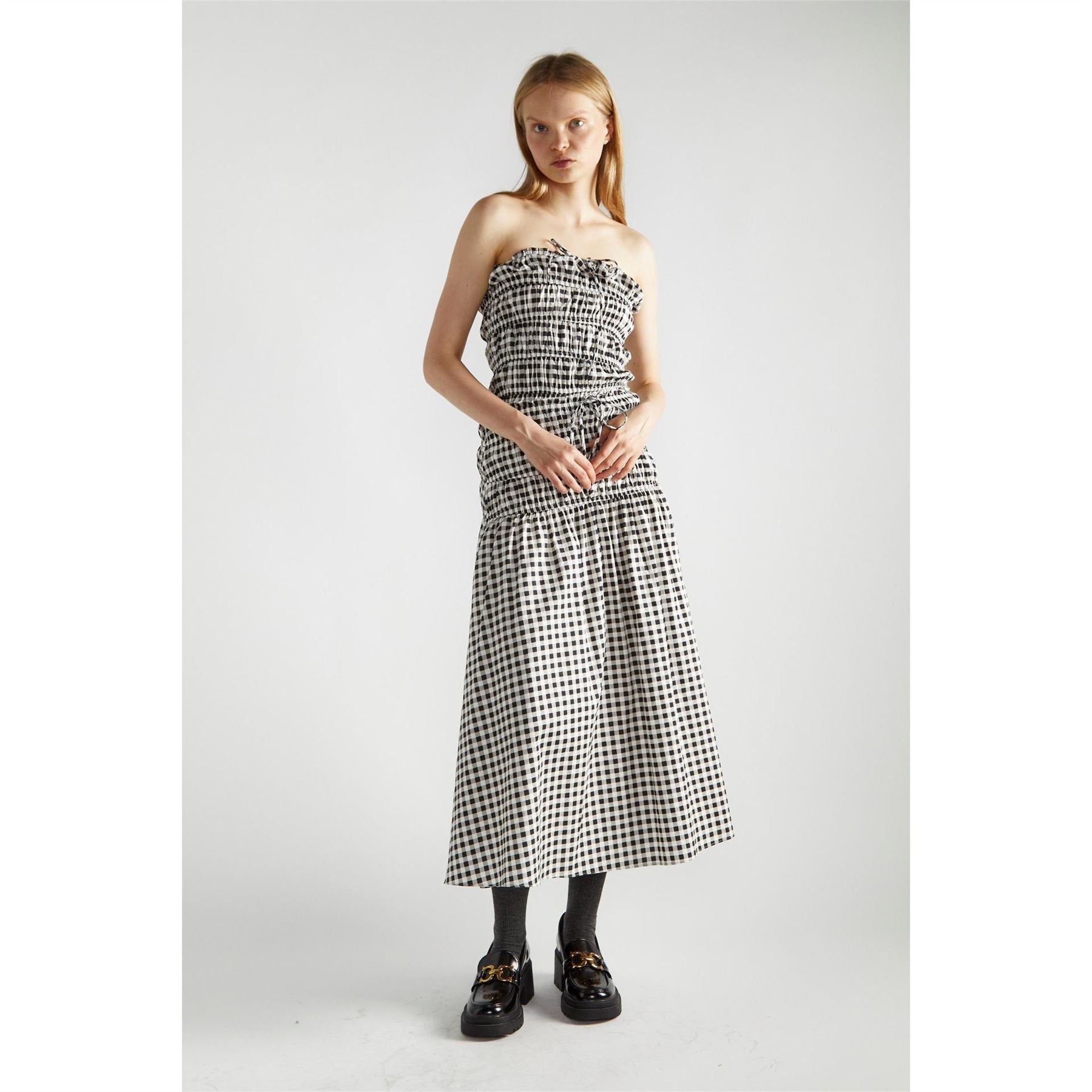Narrated Black White Gingham Print Bardot Crop Top