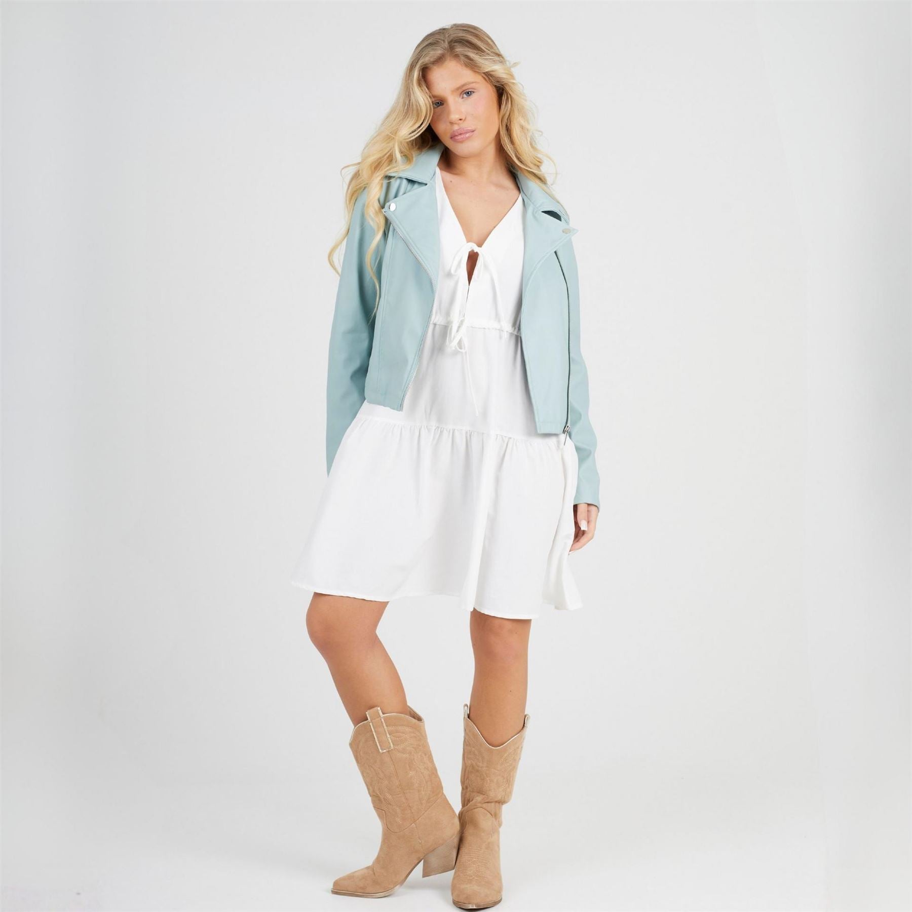 Brave Soul Womens Faux Leather Sage Green Biker Jacket
