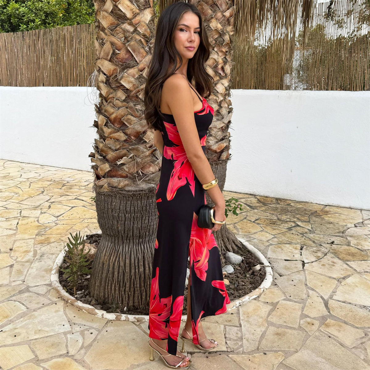 AX Paris And Coral Red Floral Print Strappy Slip Midi Dress