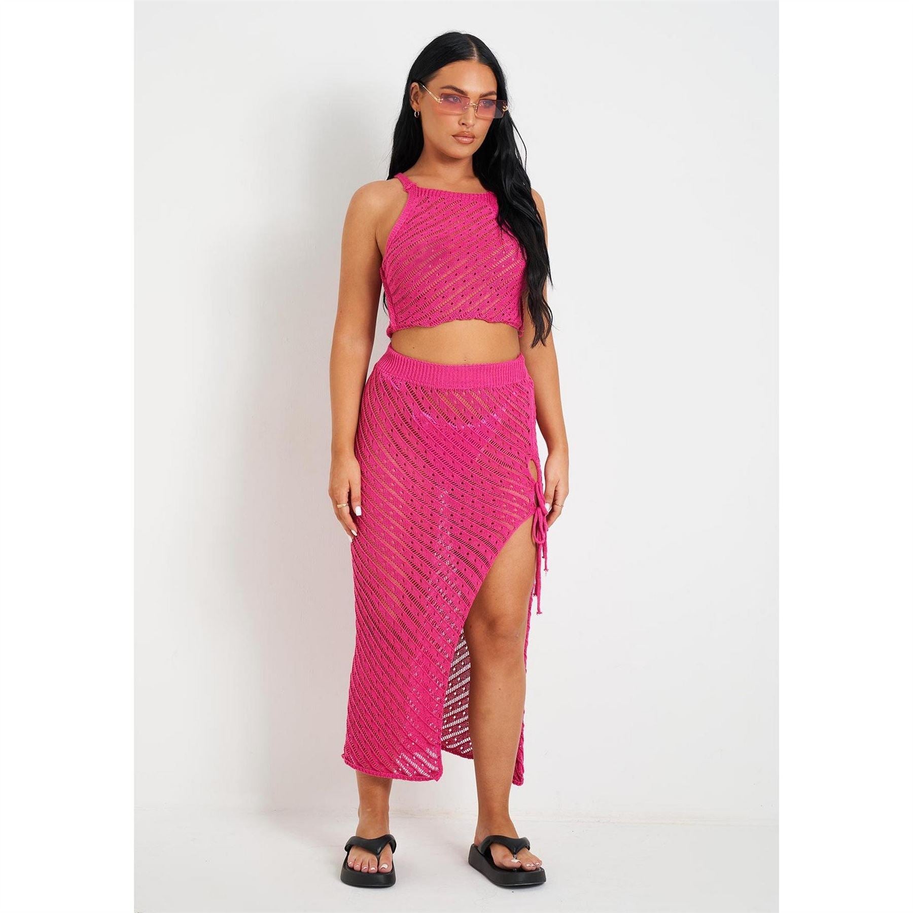 Missy Empire Knit Beach Crop Top And Midi Skirt Set