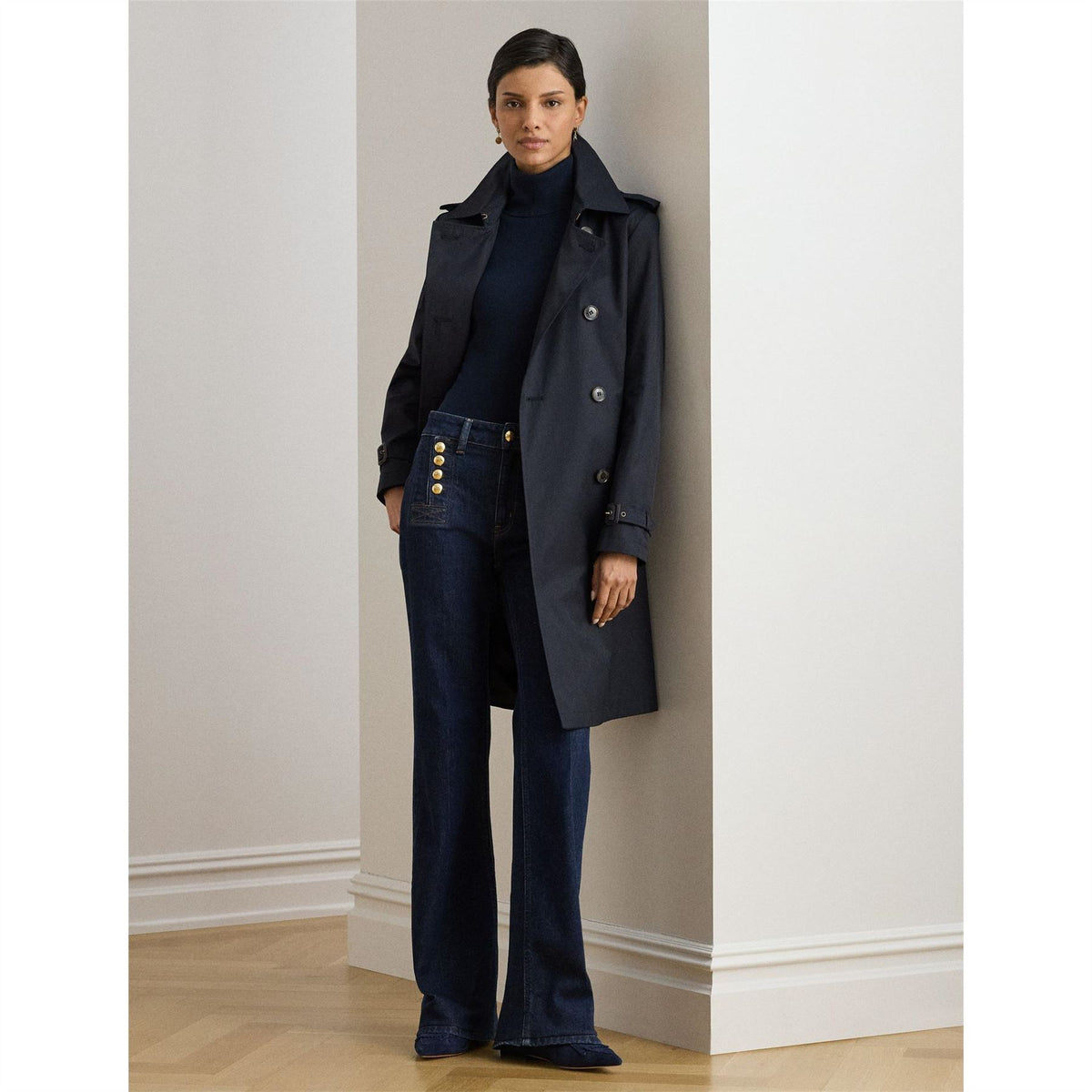Lauren by Ralph Lauren Solid Patterned Trench Coat with Button Placket and Storm Flap