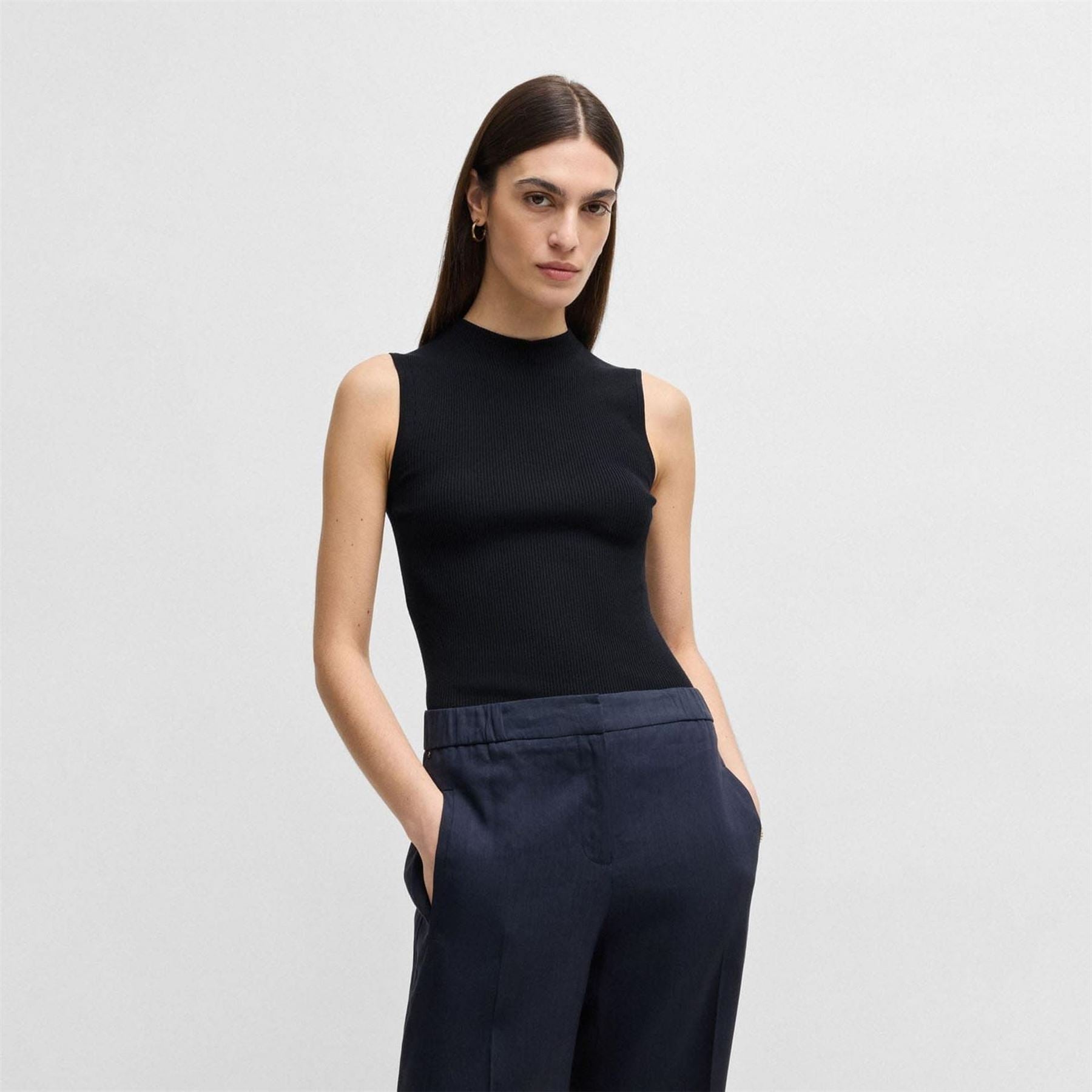 Boss Ribbed Top With Mock Neckline