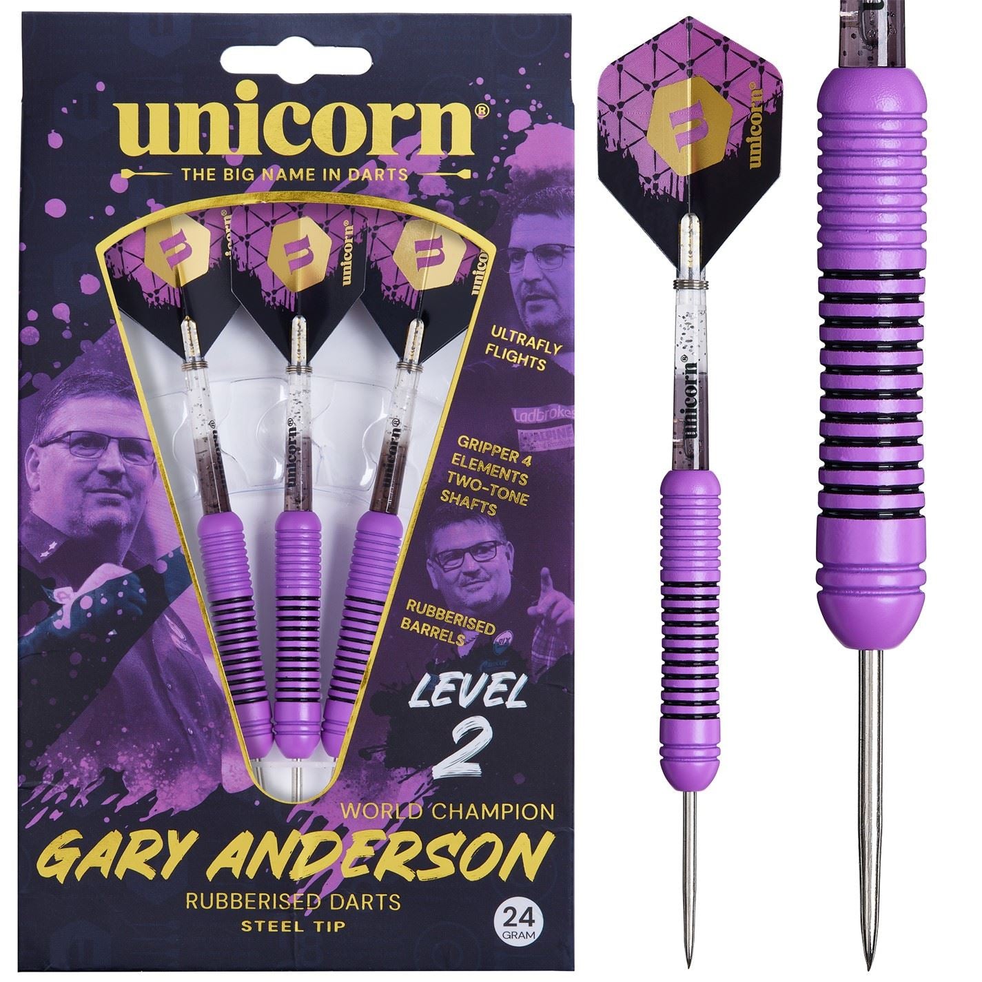 Unicorn Darts Tip Darts Set  Level 2  Gary The Flying Scotsman Anderson  Rubberised Brass Barrels