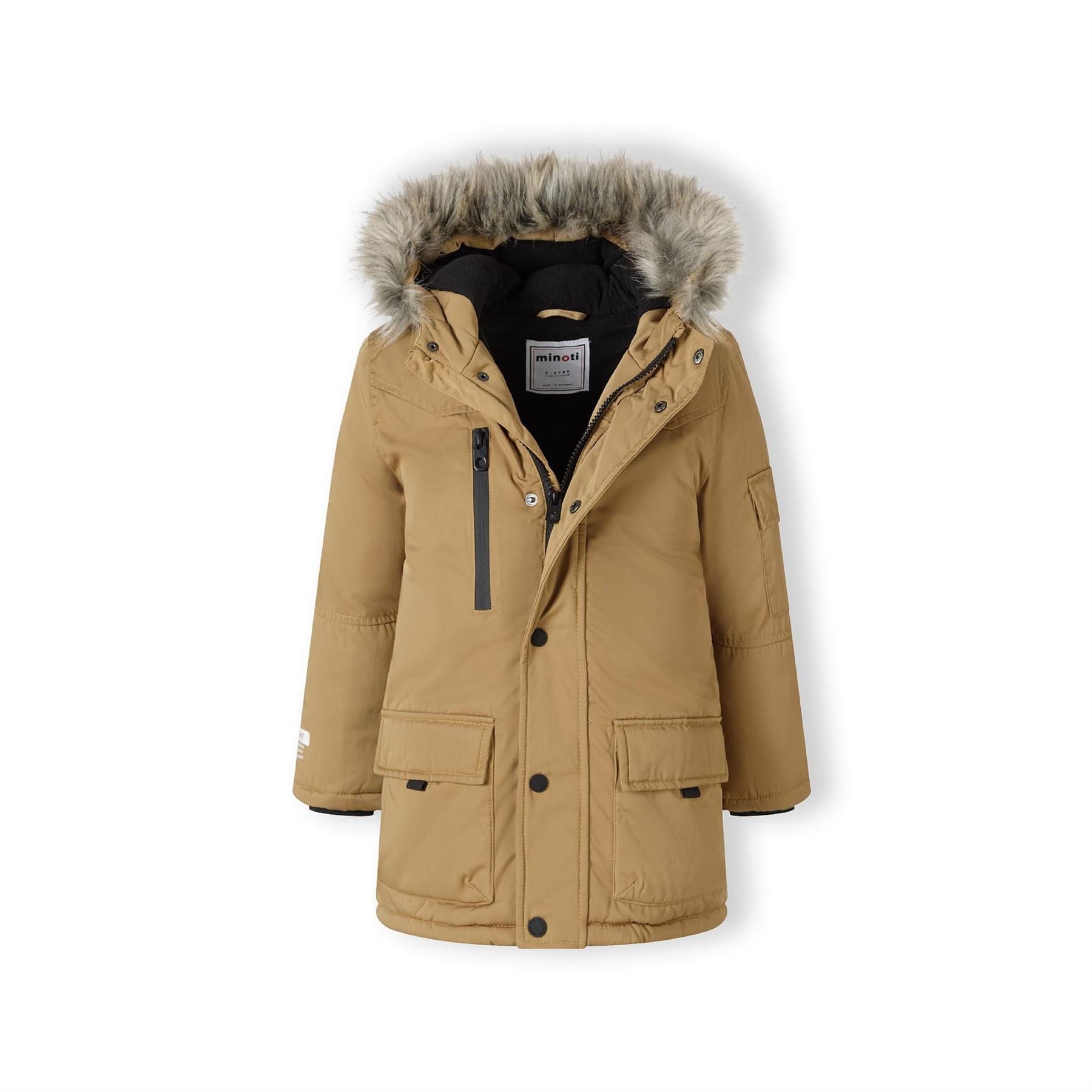 Minoti Boys Long Parka With Fur Hood And Chest Pocket Beige