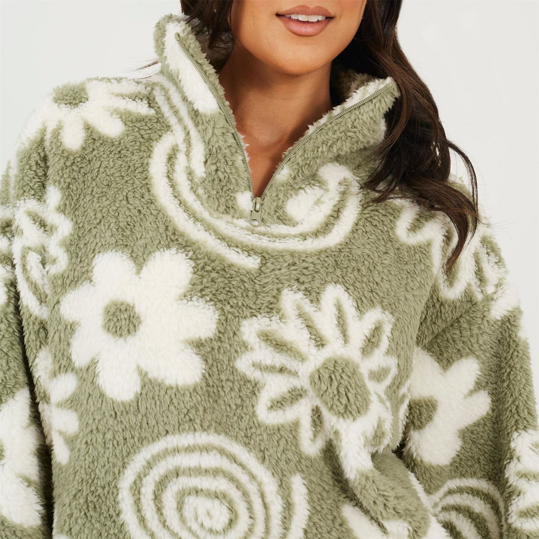 Brave Soul Flower Print High Neck Fleece Sweatshirt