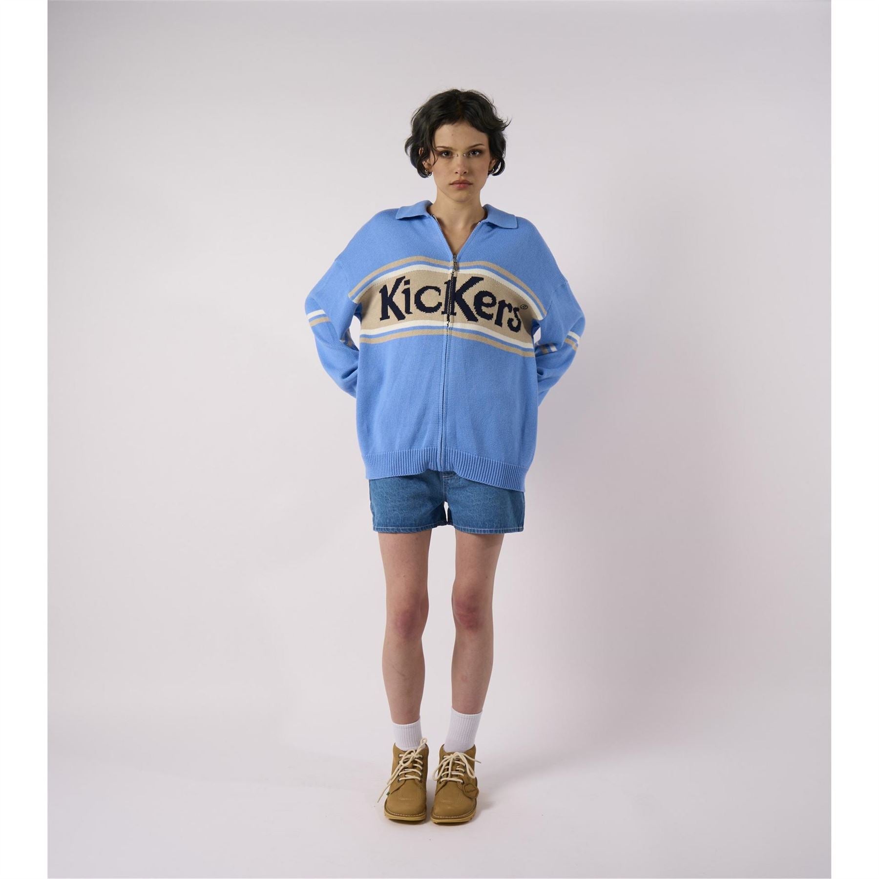 Kickers Adults Oversized Knitted Zip Through Crew Neck Jumper