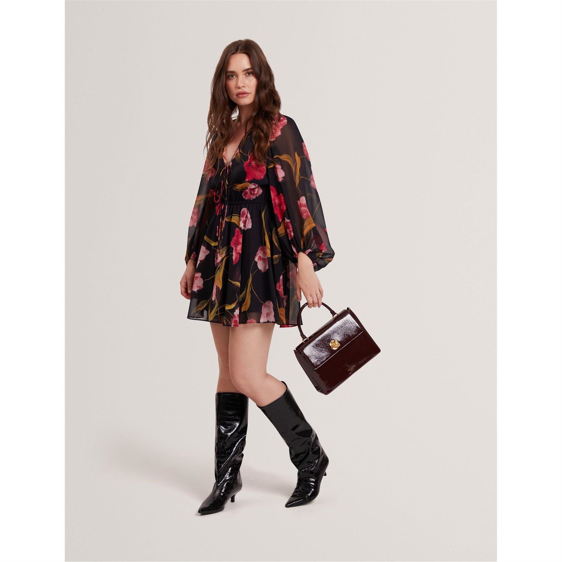Ted Baker Woven V-Neck Three Quarter Sleeve Babydoll Dress