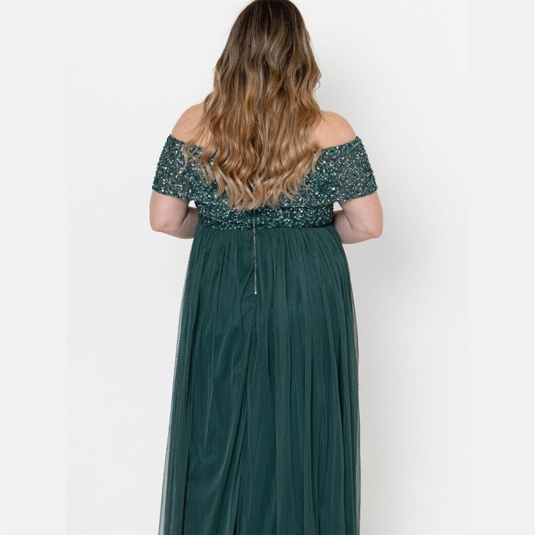 Maya Deluxe Emerald Green Bridesmaid Bardot Embellished Maxi Dress