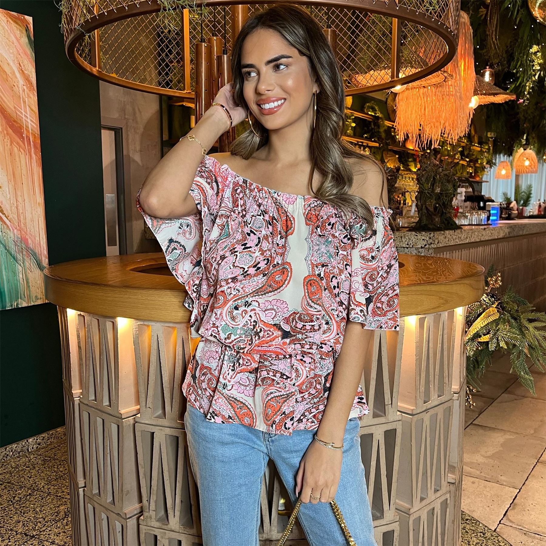 AX Paris Pink Tone Print Bardot Top