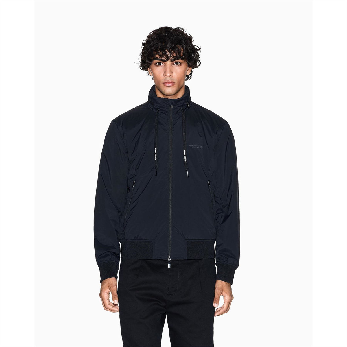 Armani Exchange Solid Patterned Harrington Jacket with Drawstring and Ribbed Cuff