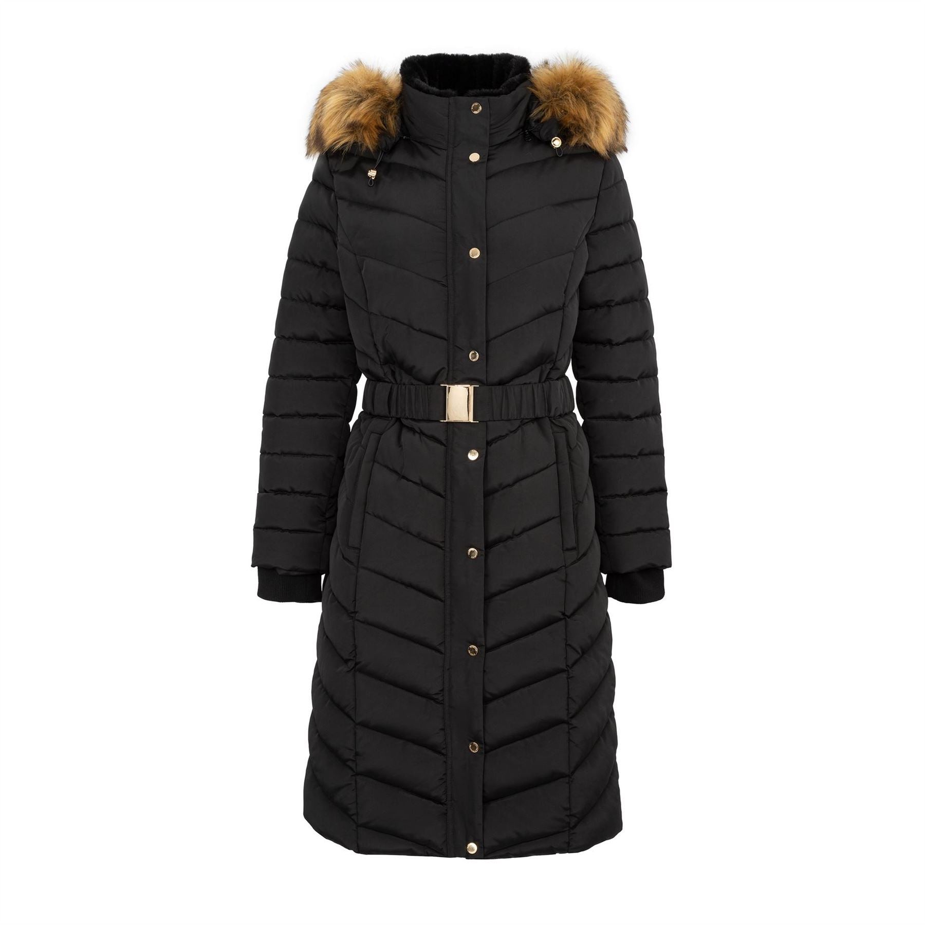 Firetrap Womens Solid Patterned Hooded Ribbed Cuff Zipped Pocket Puffer Coat