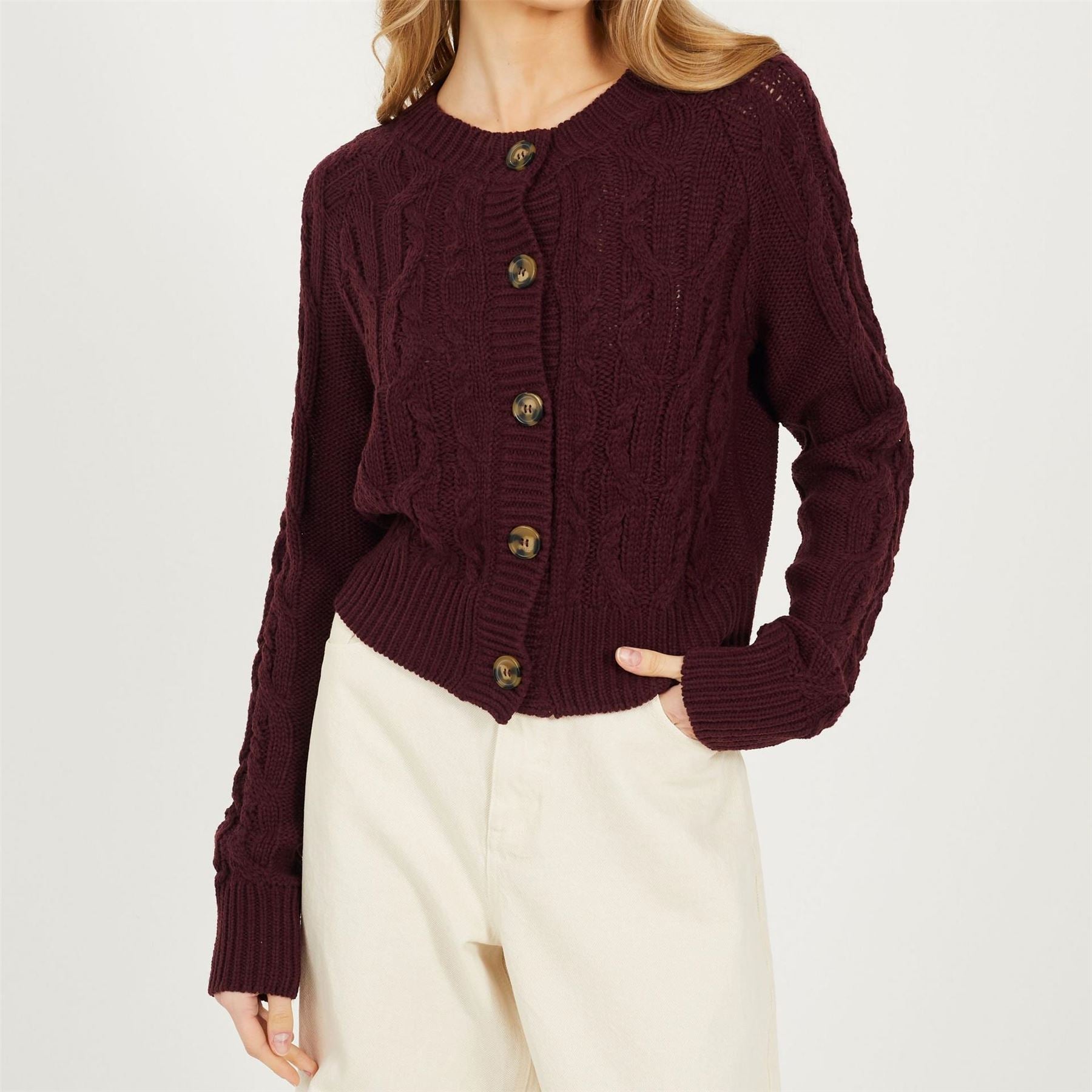 Brave Soul Womens Crew Neck Cable Knit Cardigan With Raglan Sleeve