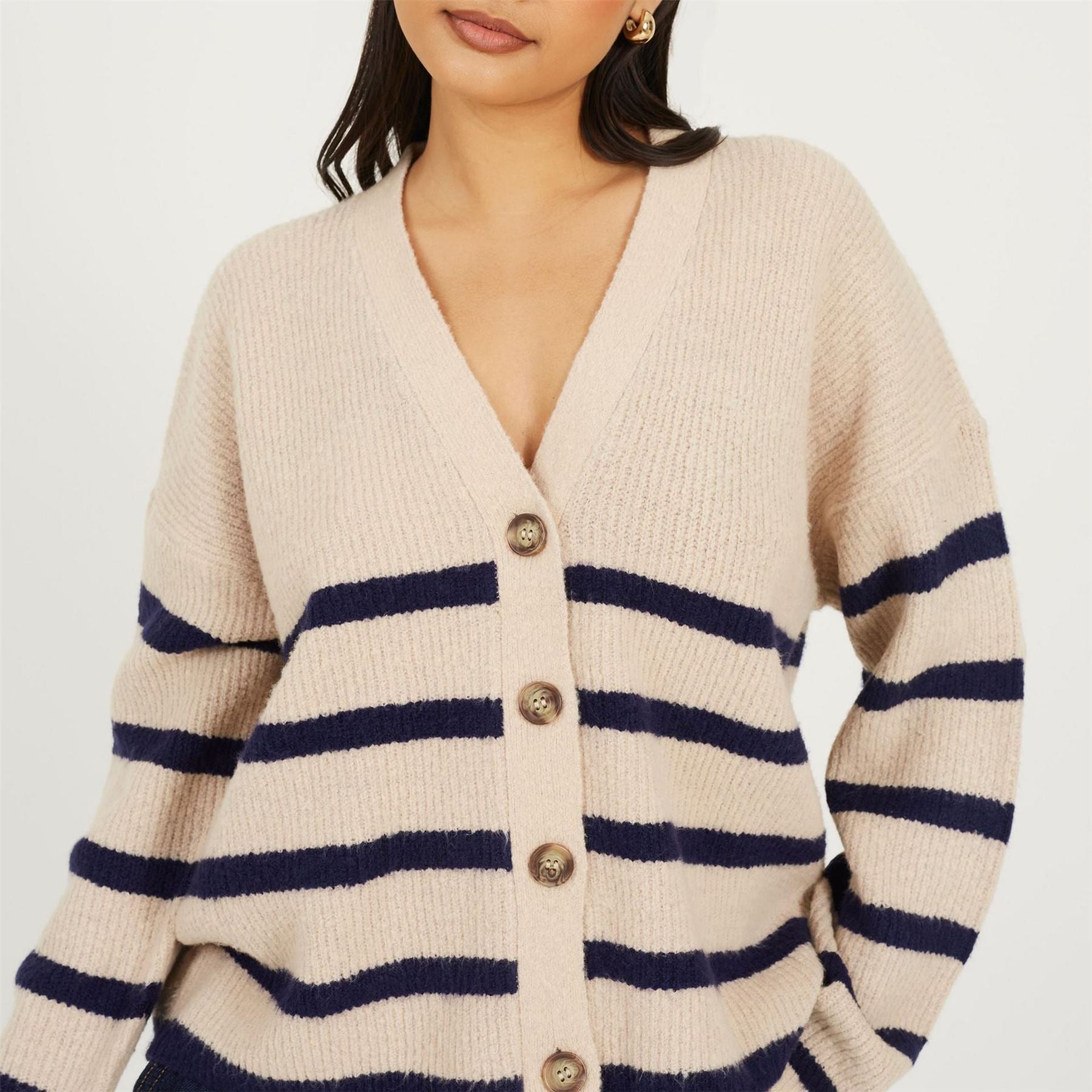 Brave Soul V Neck Fisherman Knit Striped Cardigan