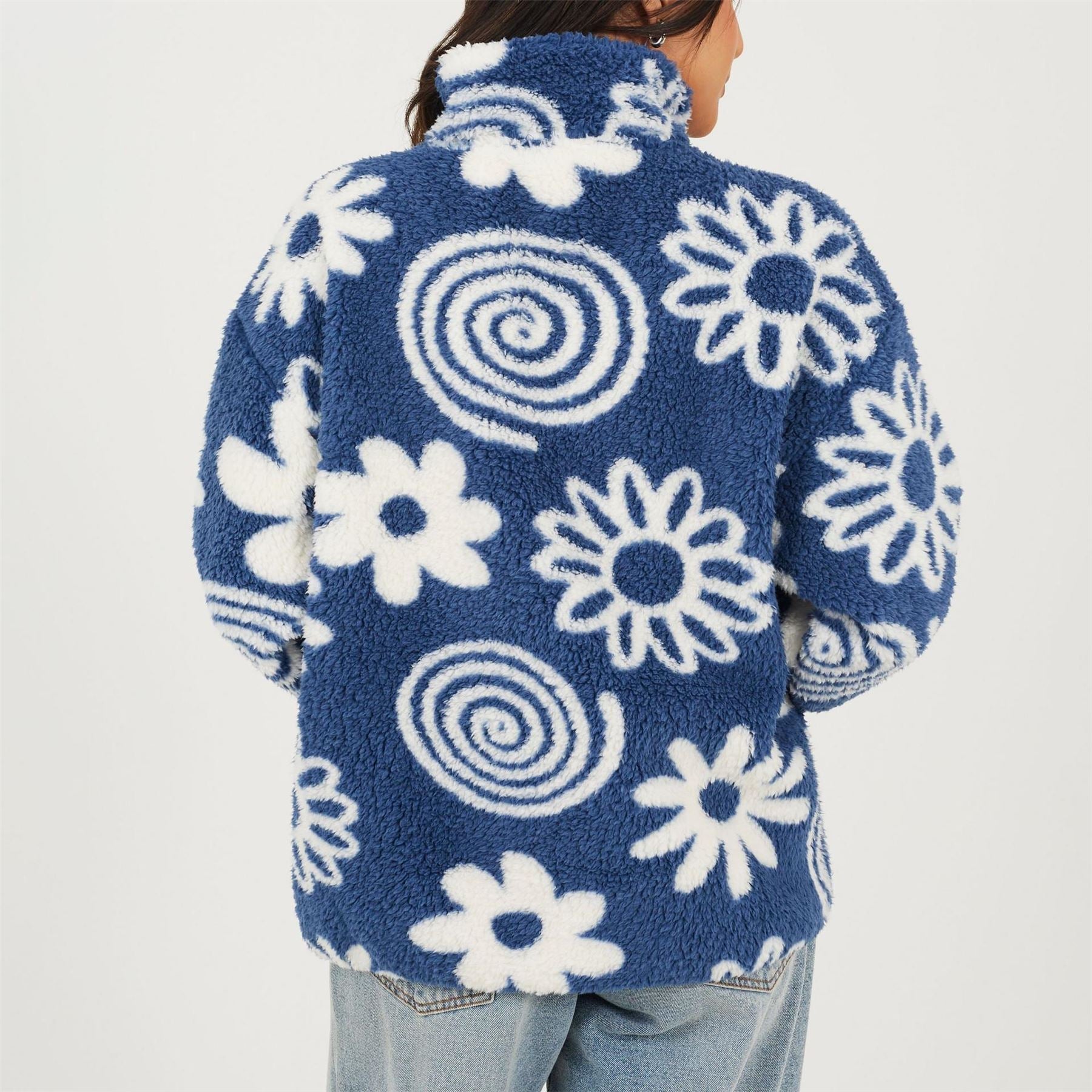 Brave Soul Flower Print High Neck Fleece Sweatshirt