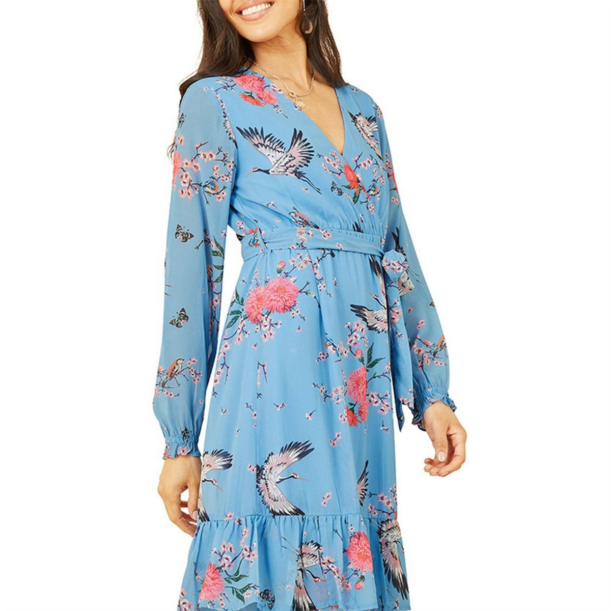 Yumi Crane Print V-Neck Midi Wrap Dress