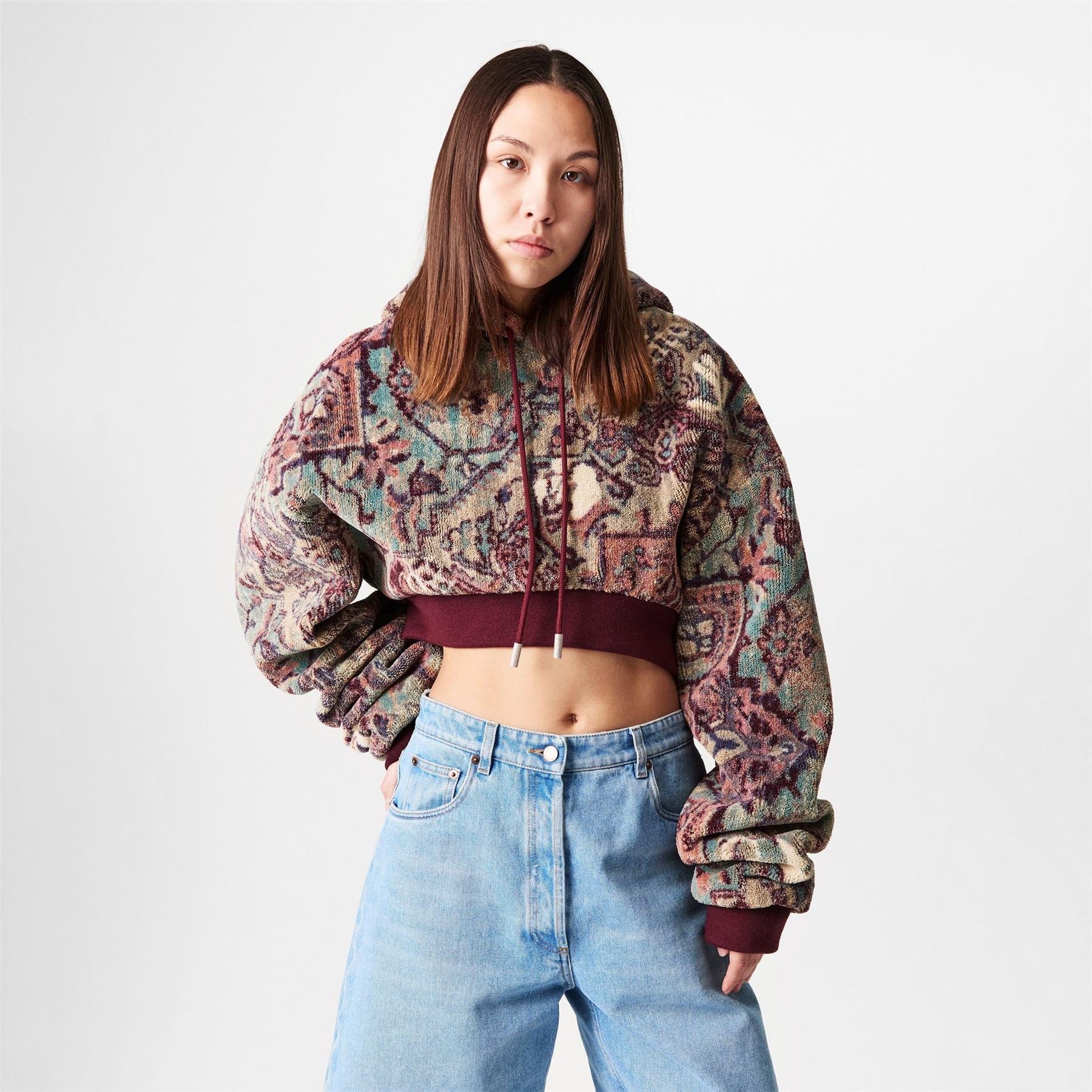 Off White Cropped Hooded Relaxed Fit Sweatshirt