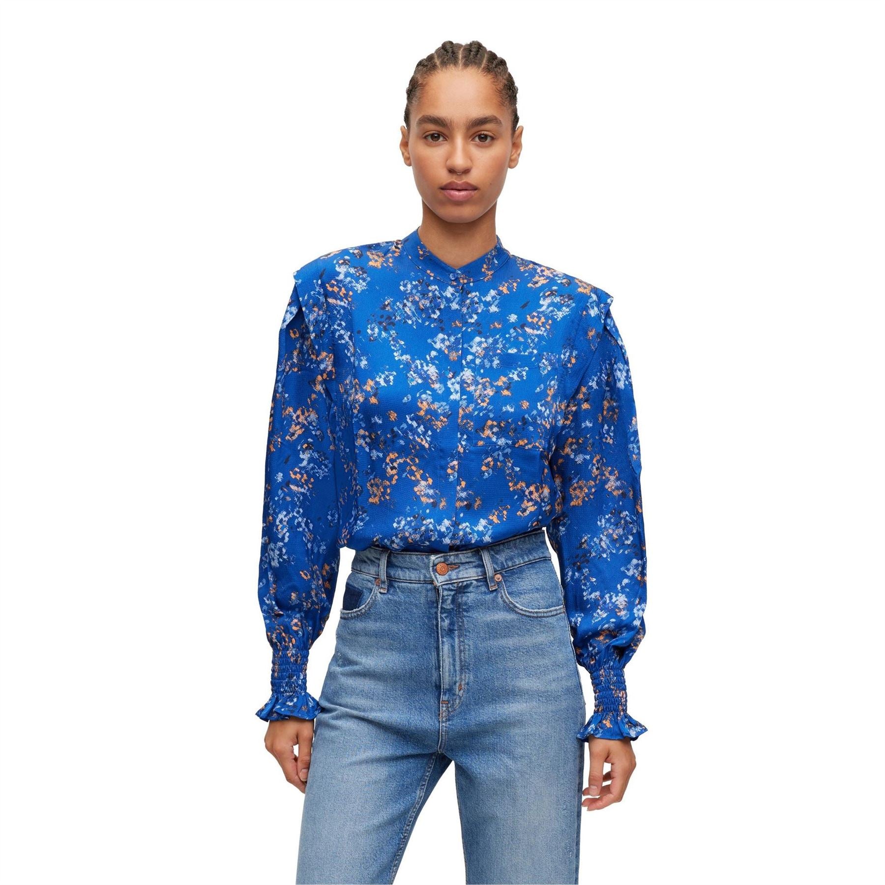 Boss Band Collar Long Sleeve Ruffle Blouse