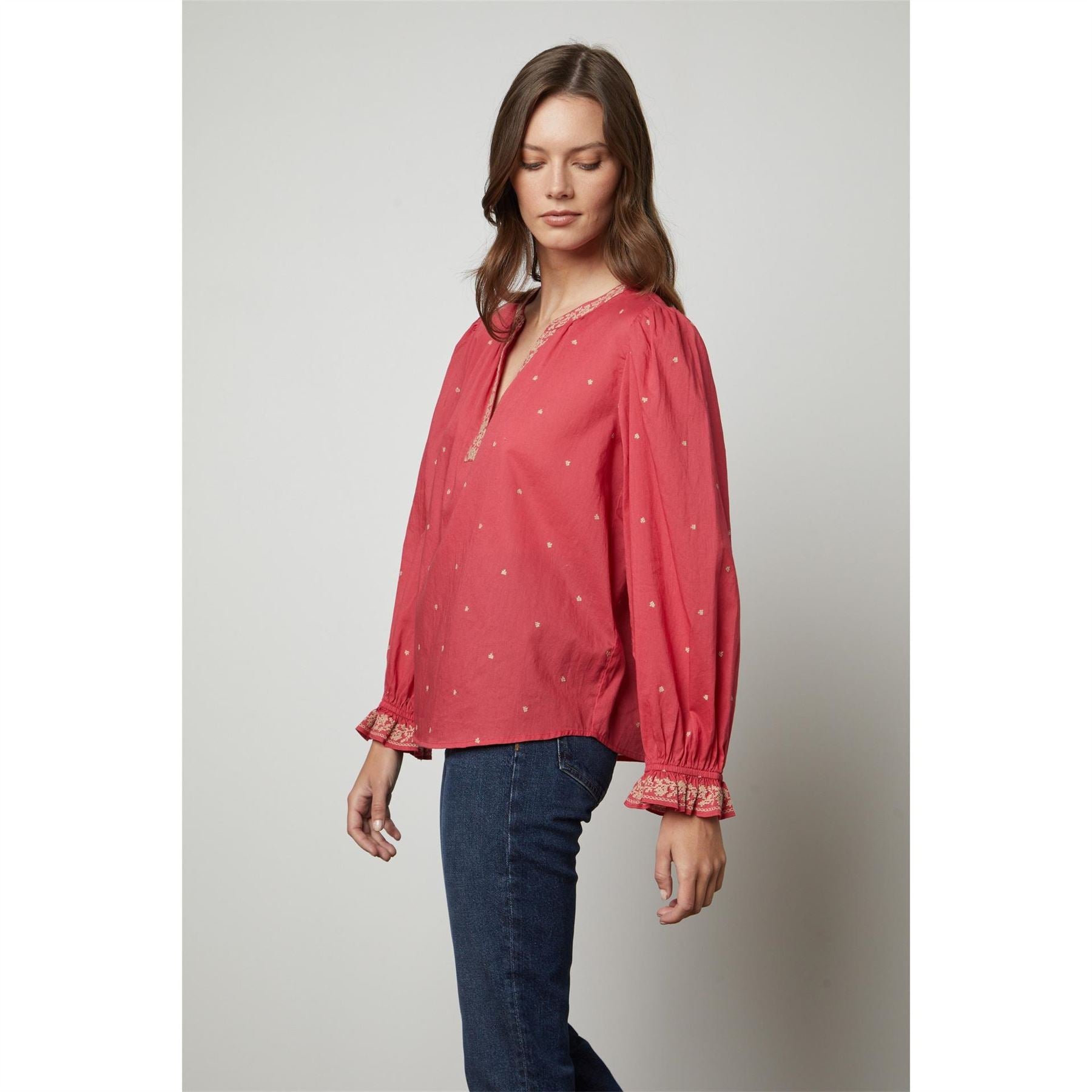 Velvet by Graham and Spencer Regular Fit V-Neck Bishop Sleeve Blouse
