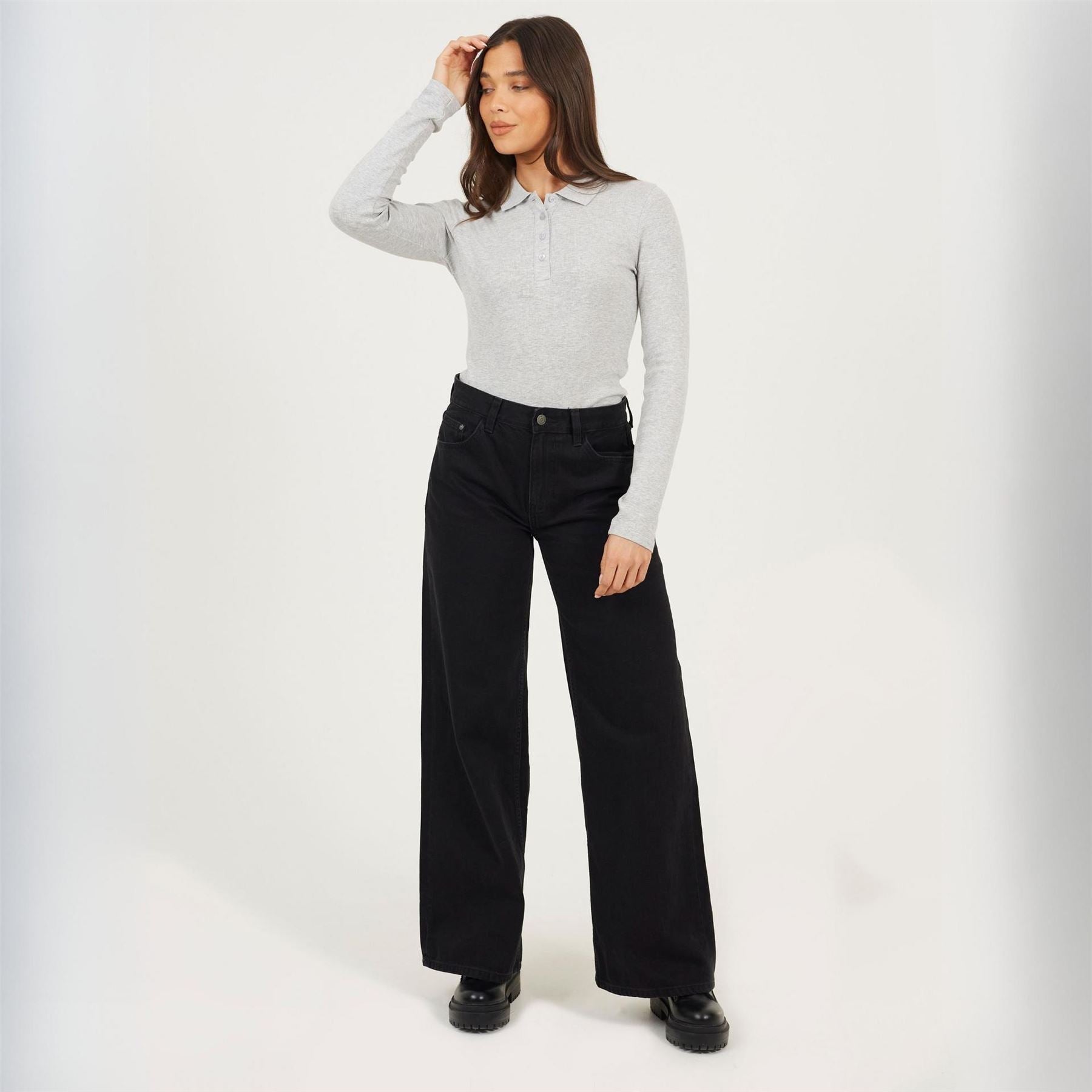 Brave Soul Womens Long Sleeve Ribbed Top With Collar