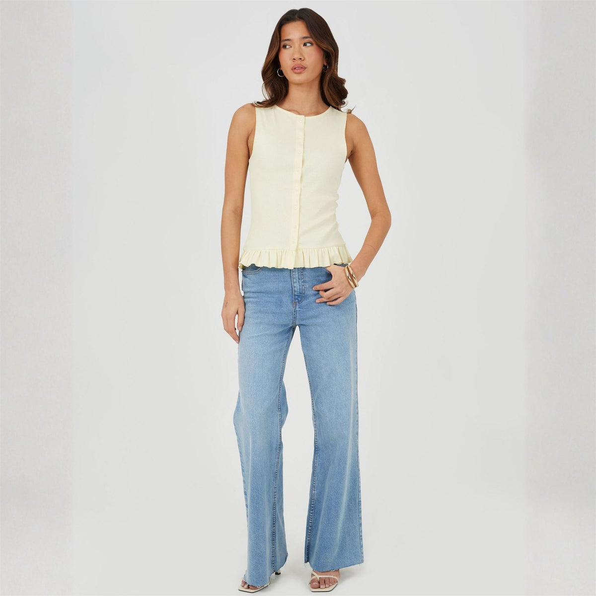 Brave Soul Womens Crew Neck Button Down Vest With Frill Detail