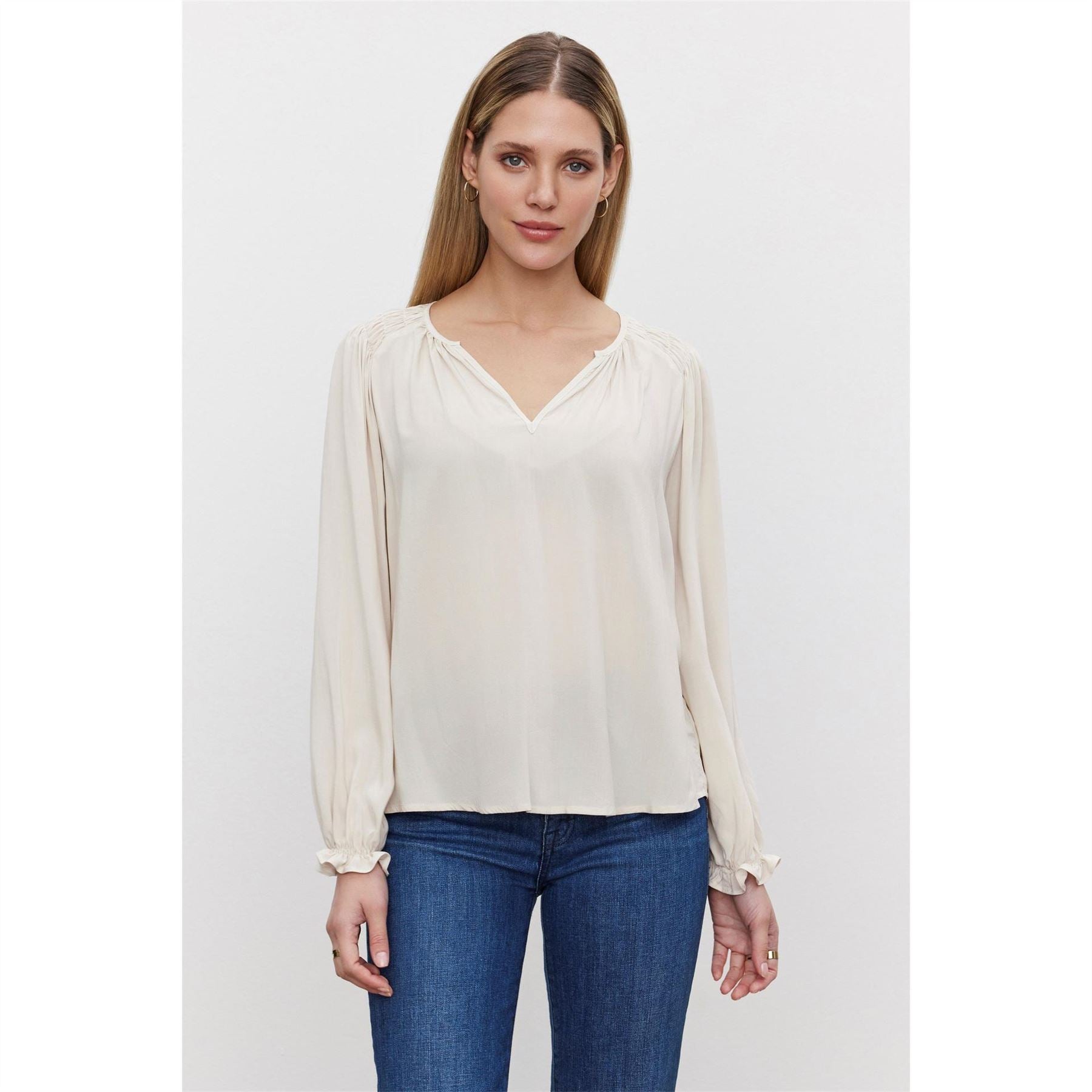Velvet by Graham and Spencer Regular Fit V-Neck Bishop Sleeve Blouse