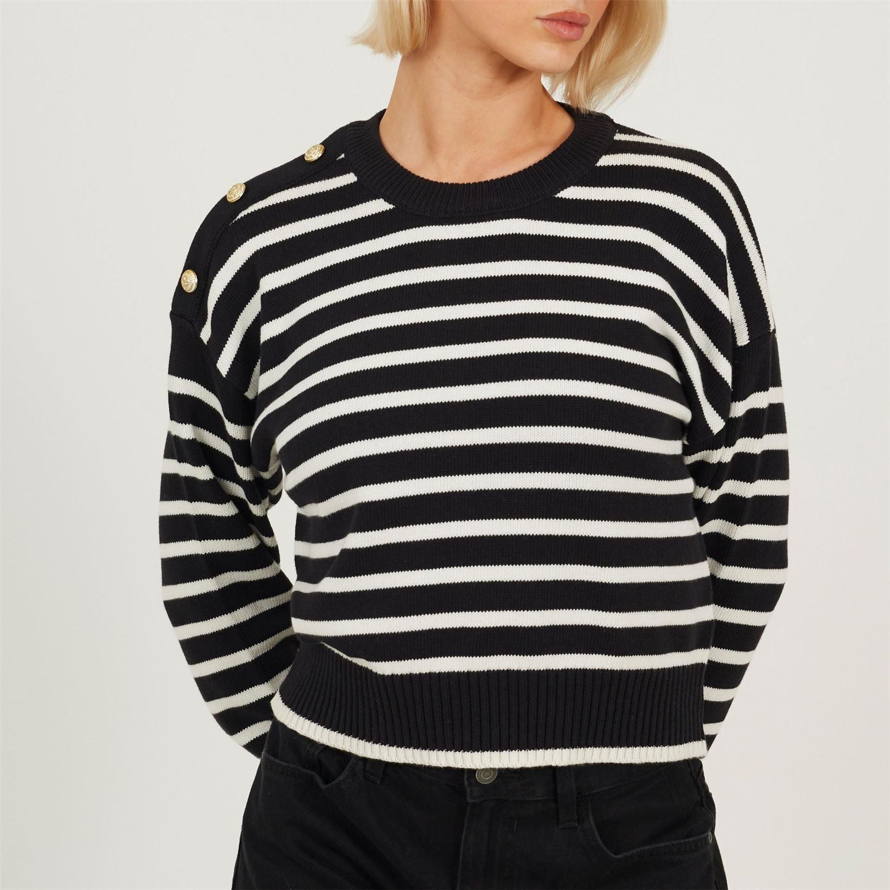 Brave Soul Boxy Crew Neck Striped Jumper With Shoulder Button Detail